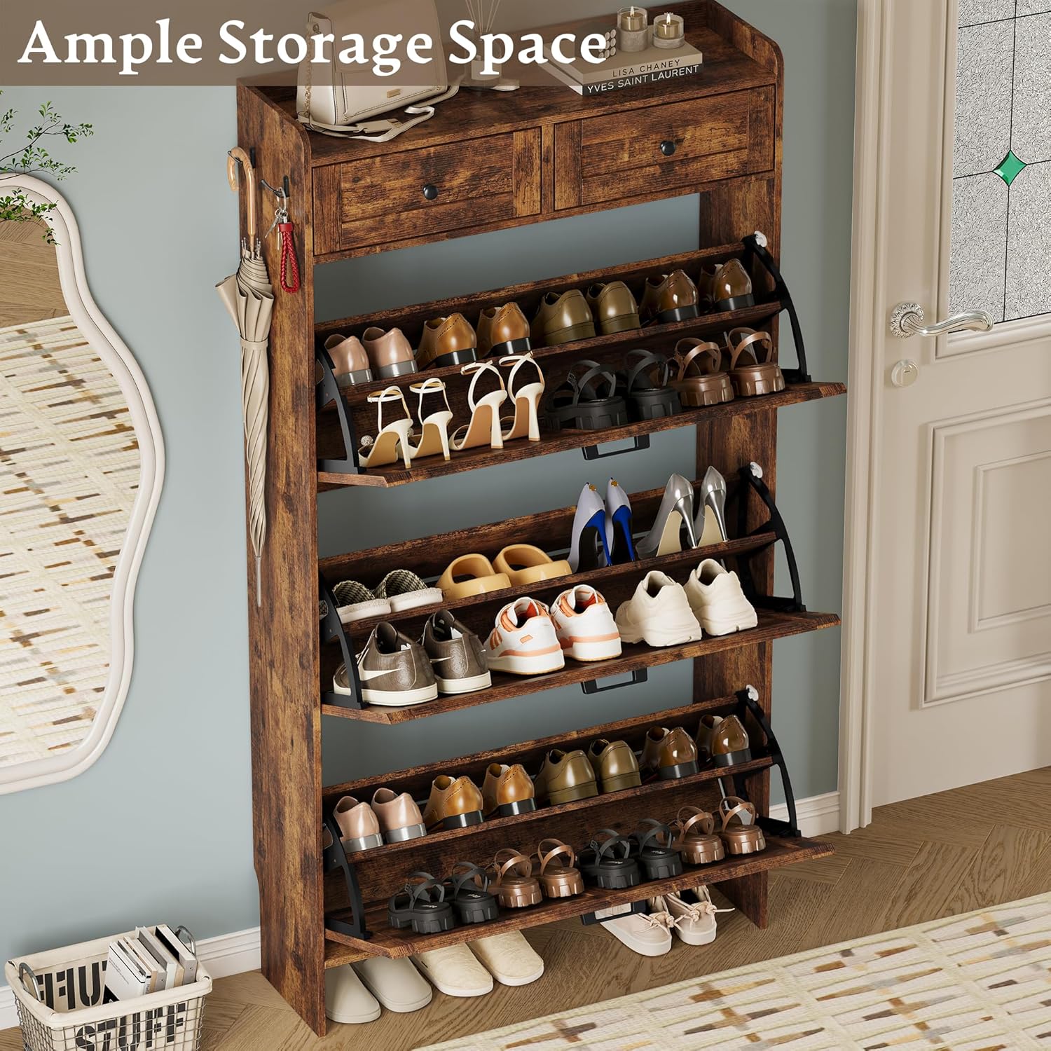 Shoe Storage Cabinet for Entryway, Farmhouse Narrow Shoe Cabinet with 3 Flip Drawers & 2 Top Drawers, Adjustable Shelves & Hooks, Freestanding Hidden Rack Organizer for Hallway, Foyer