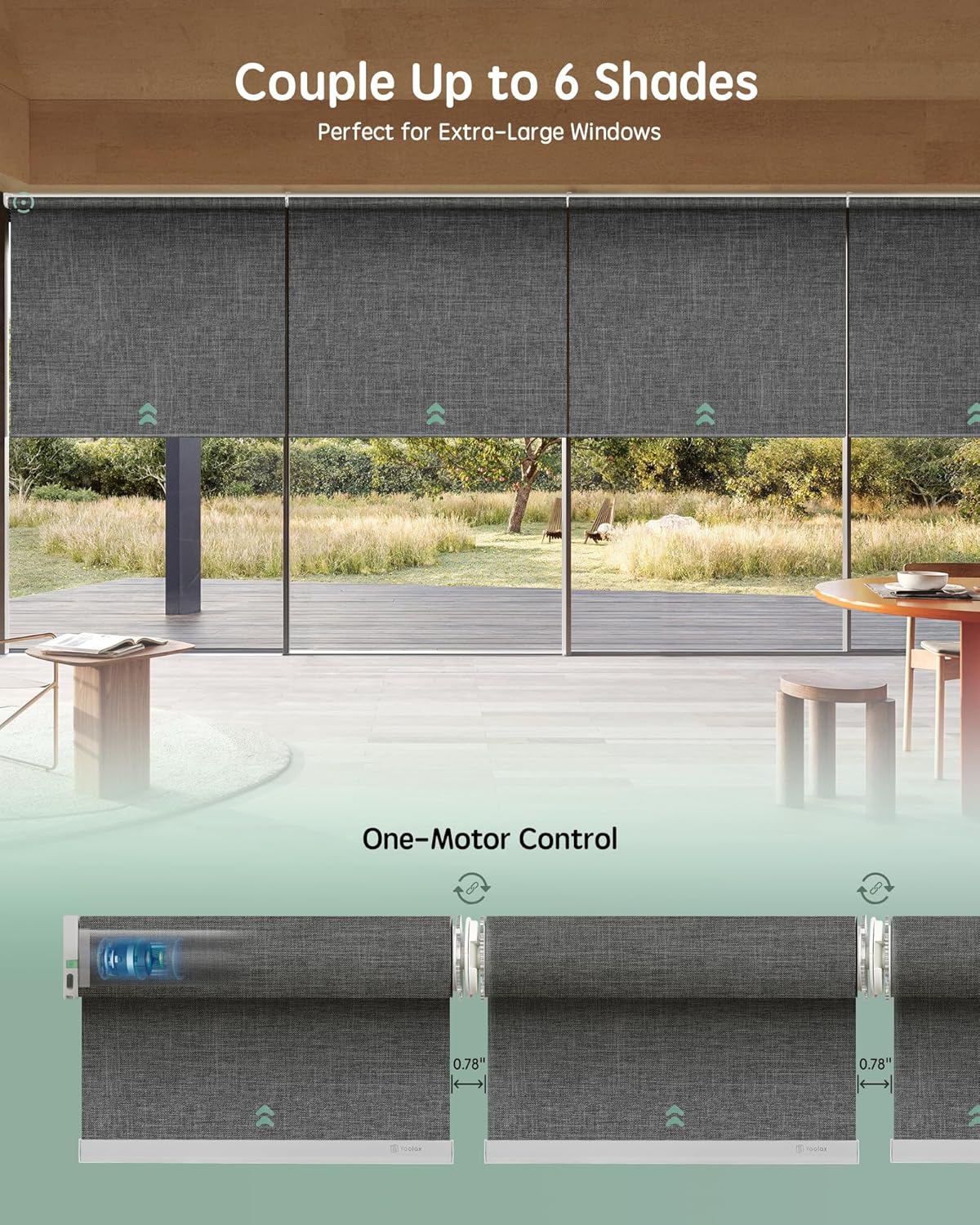 Yoolax Smart Coupled Roller Shades Compatible with Alexa Google, Motorized Blinds with Remote Blackout Coupled Roller Shades for X-Large Windows, Custom Size (XL Coupled-Dark Gray)