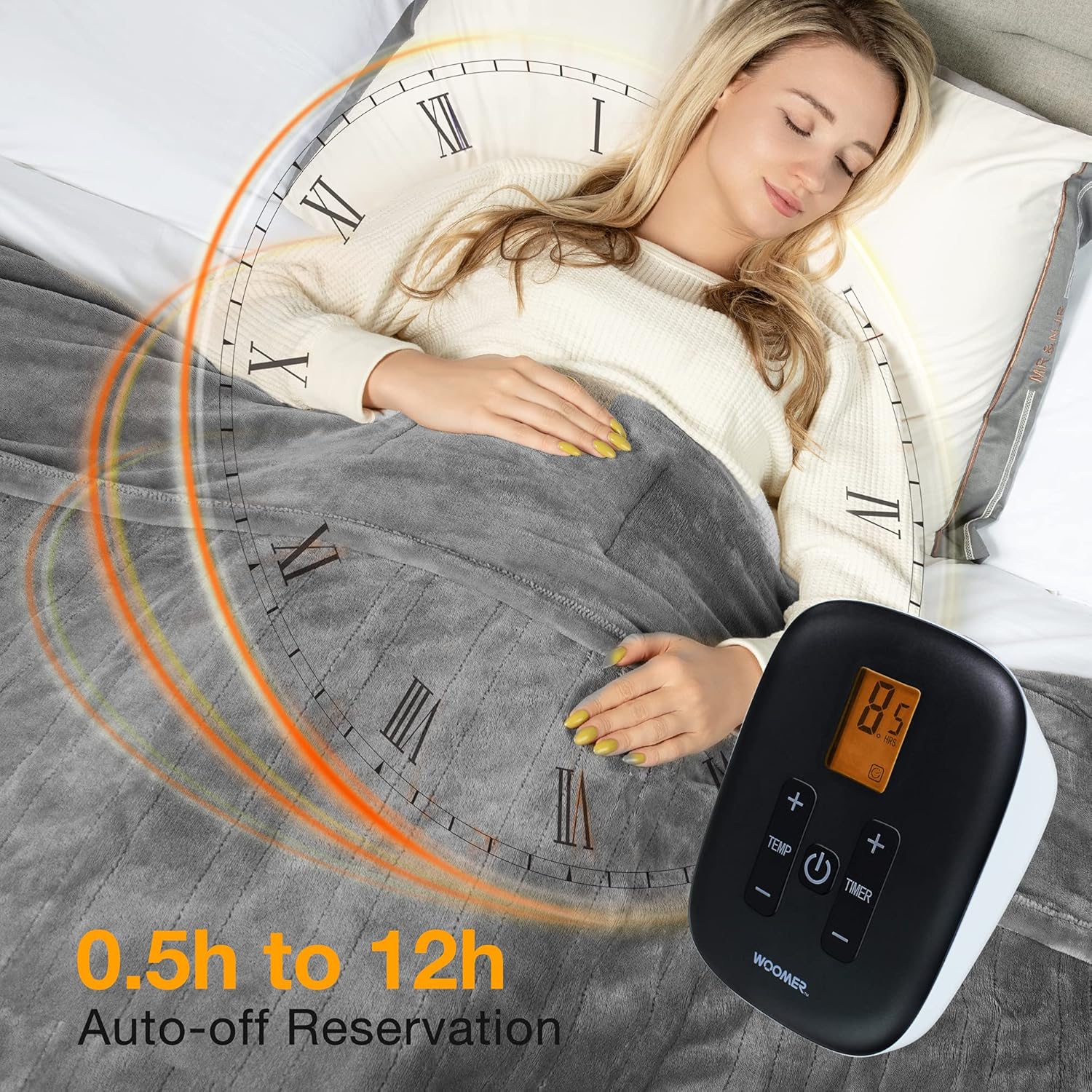 WOOMER Heated Blanket Queen Size Electric Blanket 84"x 90", Soft Flannel Fast Heating, 10 Heating Levels & 0.5-12H Auto Off, Dual Control, Over-Heat Protection, ETL Certification