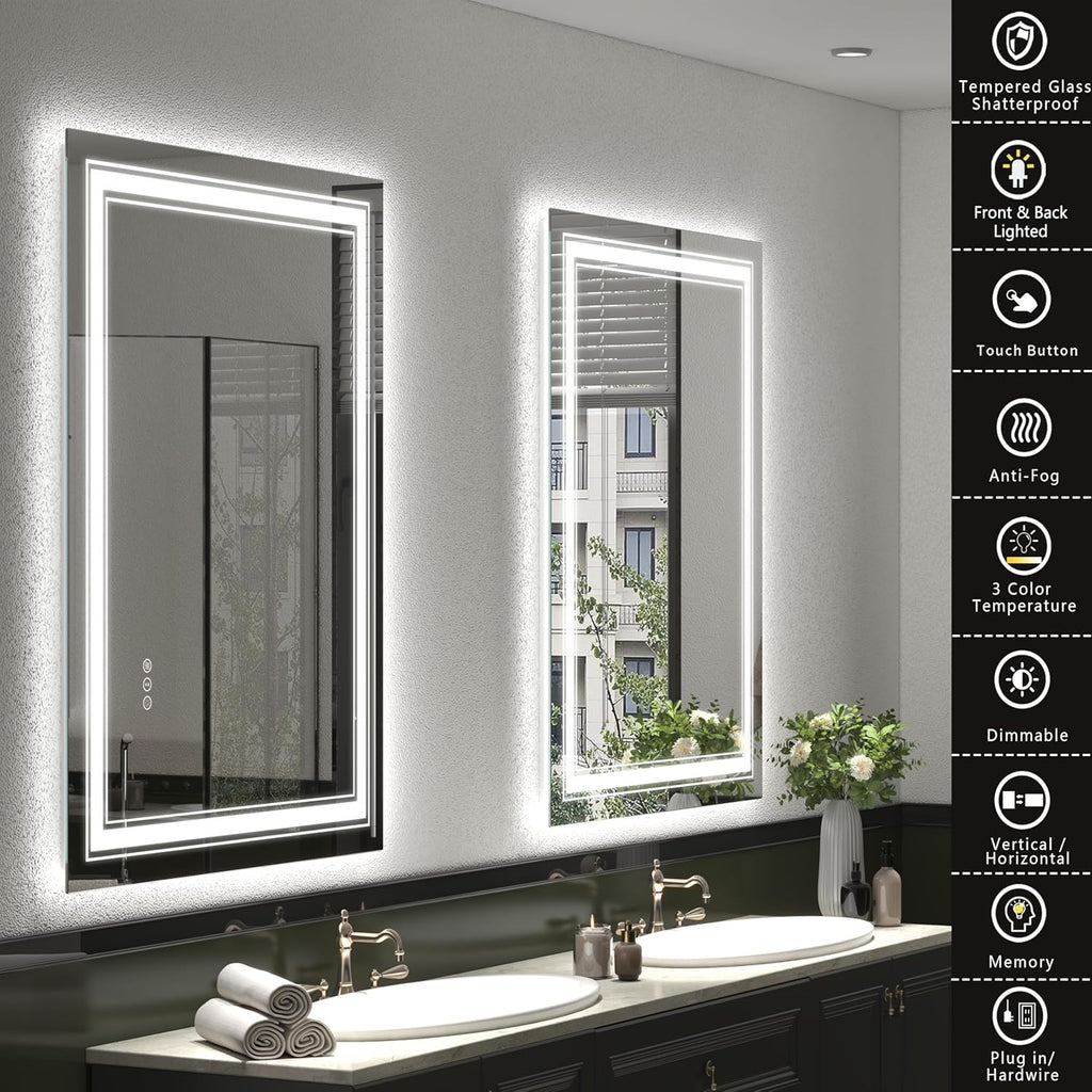 24x32 LED Bathroom Mirror, Lighted Mirror for Bathroom Wall, Backlit and Front lit, Dimmable, Anti-Fog, Shatterpoof, Memory (Horizontal/Vertical)