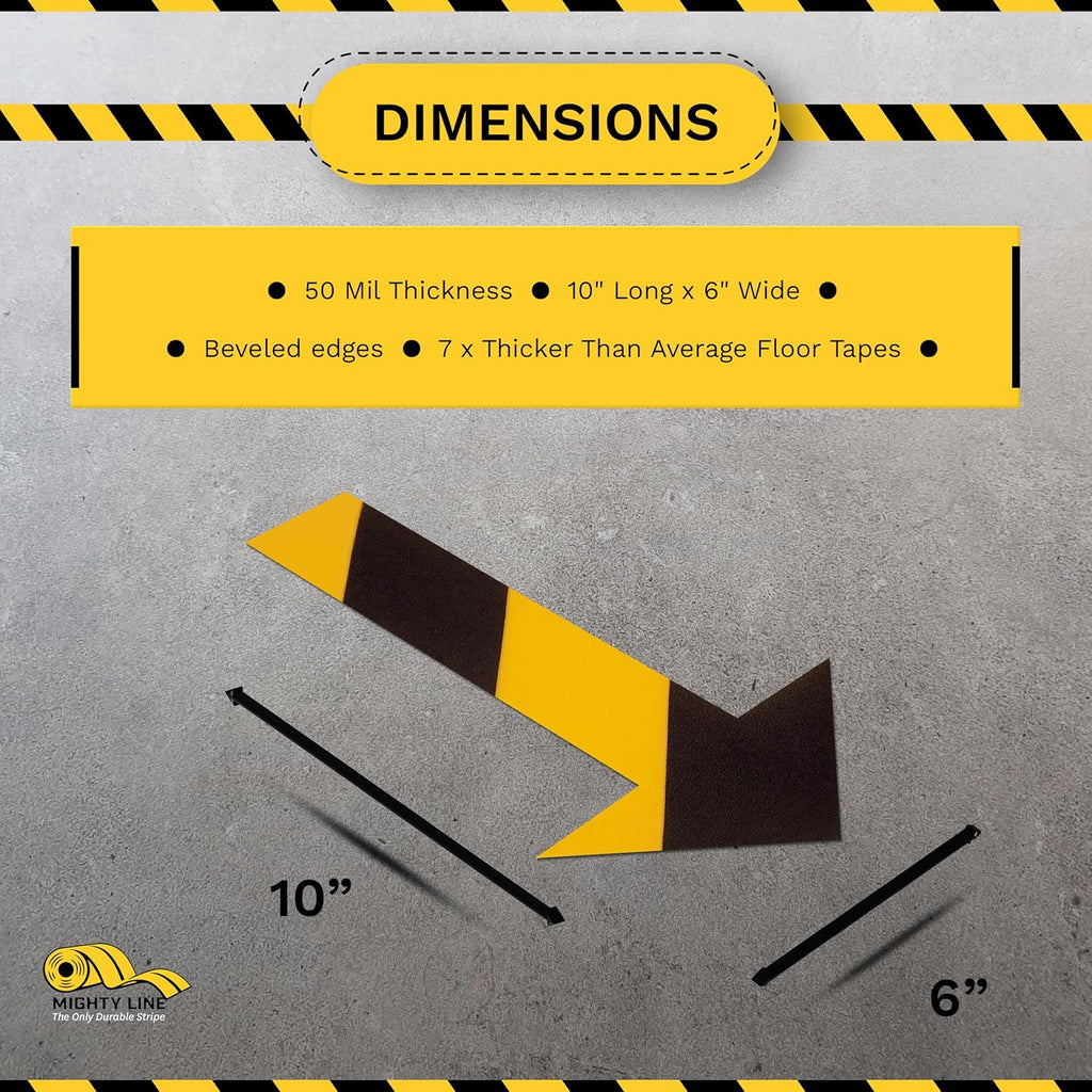 Mighty Line Solid Arrows Directional Sticker Sign Floor Marking Tape for Safety, Caution, Warning, Heavy-Duty, Peel and Stick Adhesive, Industrial Quality, Yellow and Black Chevron, 10"x6", 50 Pack