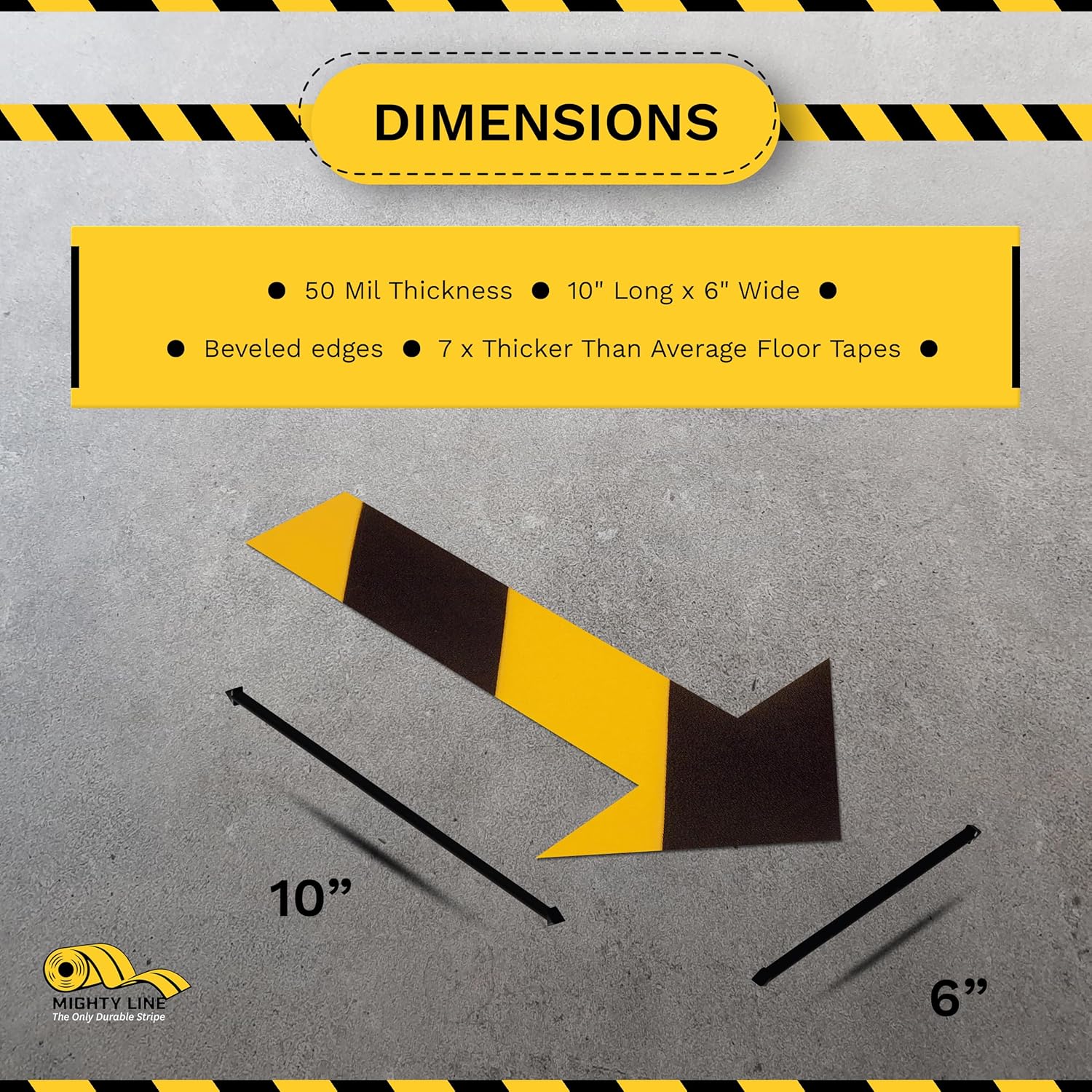 Mighty Line Solid Arrows Directional Sticker Sign Floor Marking Tape for Safety, Caution, Warning, Heavy-Duty, Peel and Stick Adhesive, Industrial Quality, Yellow and Black Chevron, 10"x6", 50 Pack