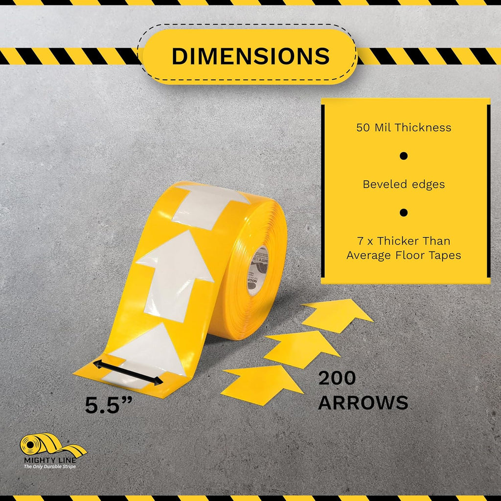 Mighty Line 5.5" Wide Solid Arrows Roll, Directional Sticker Sign Floor Marking Tape for Safety, Caution, Warning, Heavy-Duty, Peel and Stick, Adhesive, Industrial Quality, Yellow, Pack of 200