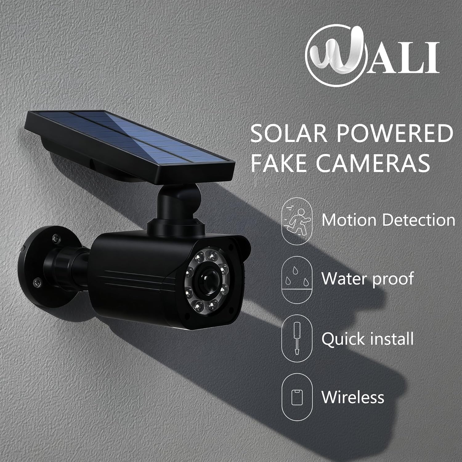 WALI Dummy Fake Camera, Security Camera with Motion Sensor Flood Light, Simulated Surveillance Security CCTV Dome Camera Indoor Outdoor (TCB2-SOL), 2 Packs, Black-Solar