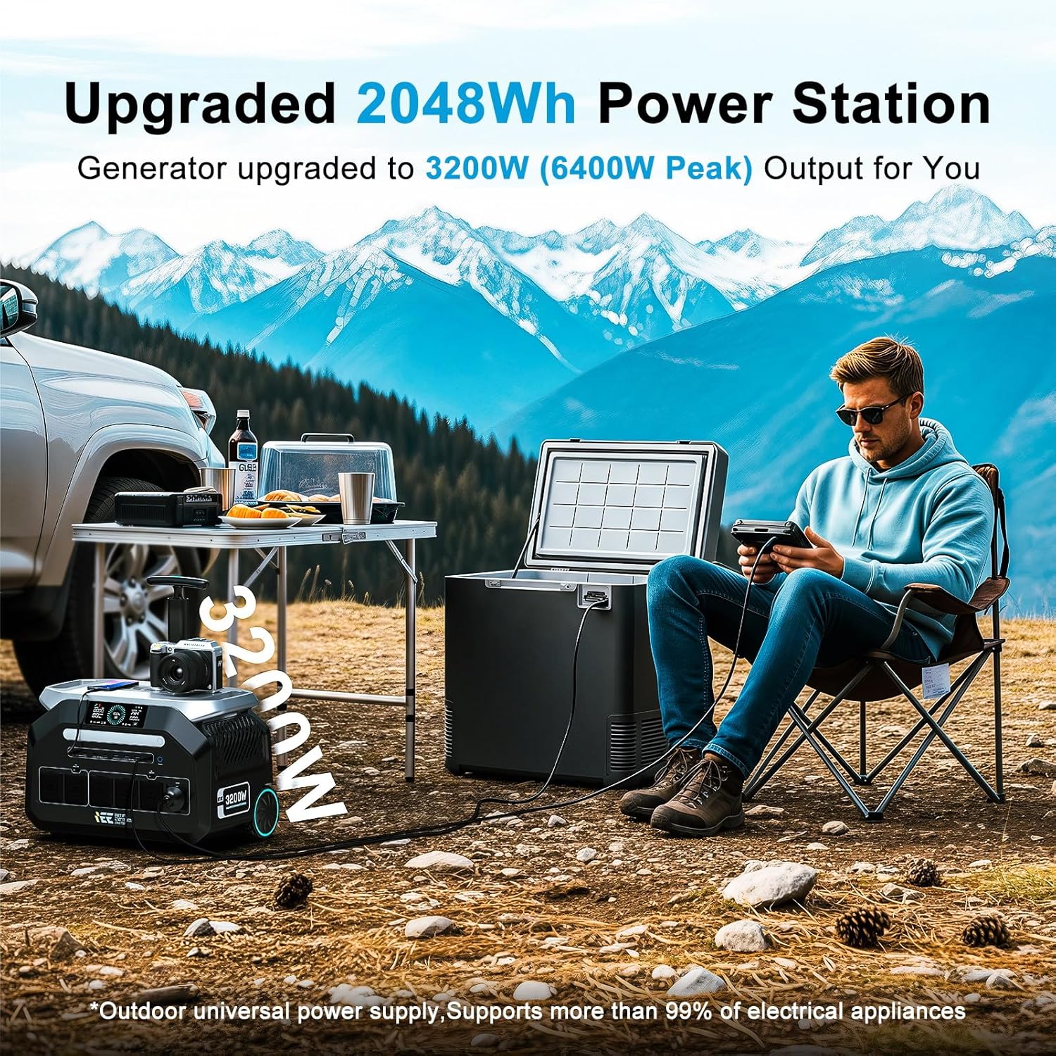 IEE 3200W Portable Power Station P3200 with 2x400W Solar Panel, 2048Wh Solar Generator, 1800W AC Charging, AC Outlets x 4, LiFePO4 Battery Power Station for Home Backup, Camping, RV, Emergency