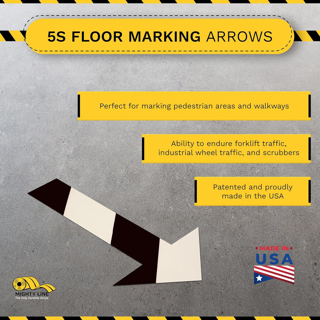 Mighty Line Solid Arrows Directional Sticker Sign Floor Marking Tape for Safety, Caution, Warning, Heavy-Duty, Peel and Stick Adhesive, Industrial Quality, White and Black Chevron, 10"x6", 50 Pack