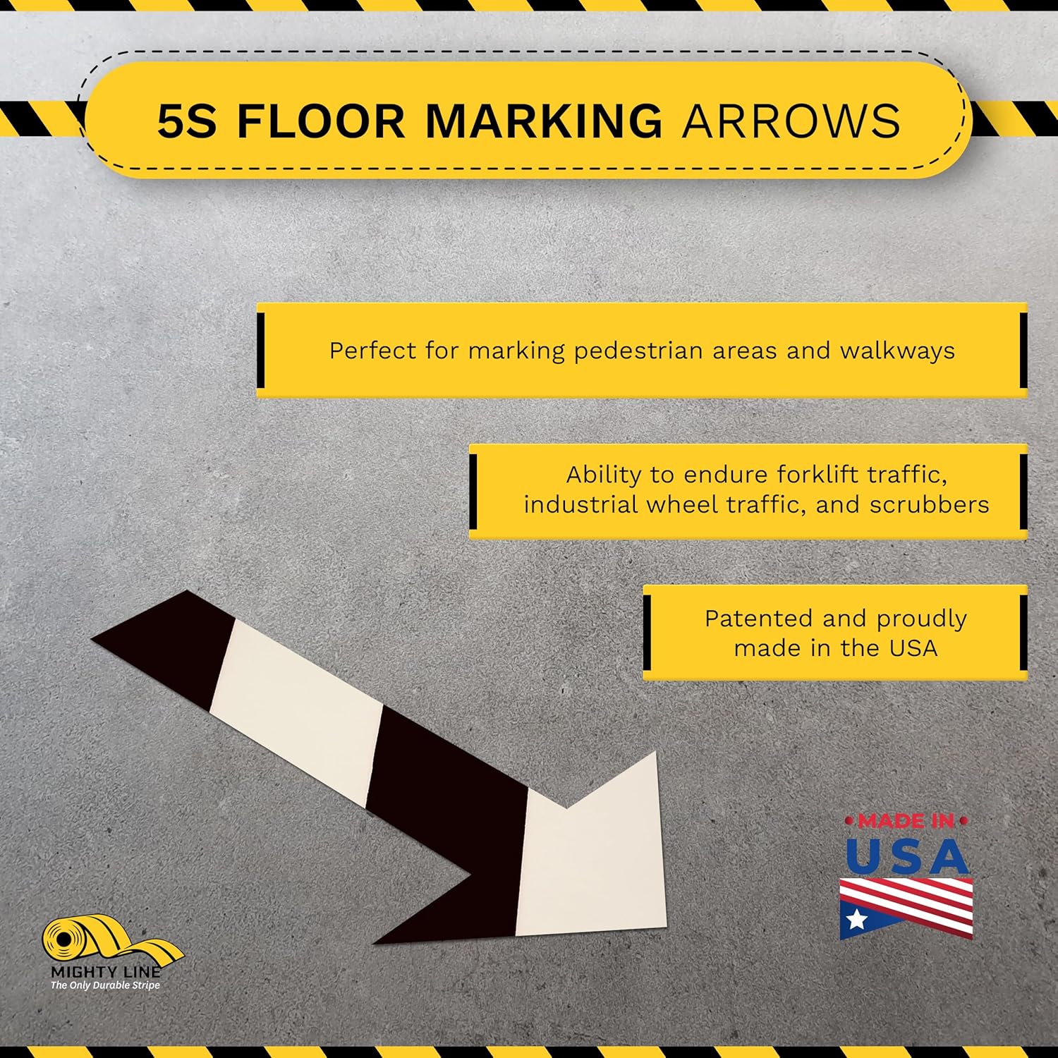Mighty Line Solid Arrows Directional Sticker Sign Floor Marking Tape for Safety, Caution, Warning, Heavy-Duty, Peel and Stick Adhesive, Industrial Quality, White and Black Chevron, 10"x6", 50 Pack