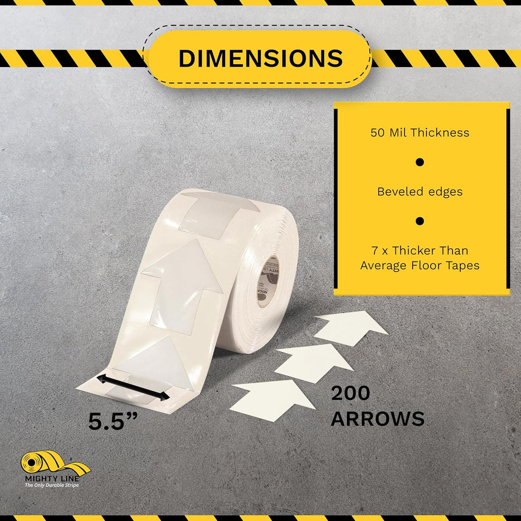 Mighty Line 5.5" Wide Solid Arrows Roll, Directional Sticker Sign Floor Marking Tape for Safety, Caution, Warning, Heavy-Duty, Peel and Stick, Adhesive, Industrial Quality, White, Pack of 200