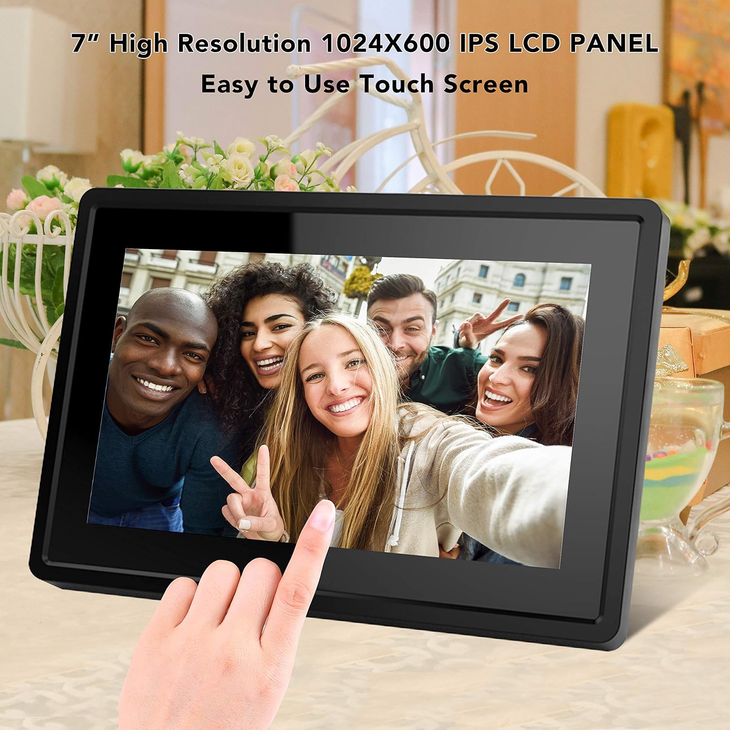7 Inch 16GB Smart WiFi Digital Picture Frame, Send Photos or Small Videos from Anywhere, Touch Screen, IPS LCD Panel, Wall-Mountable, Portrait and Landscape(Black)