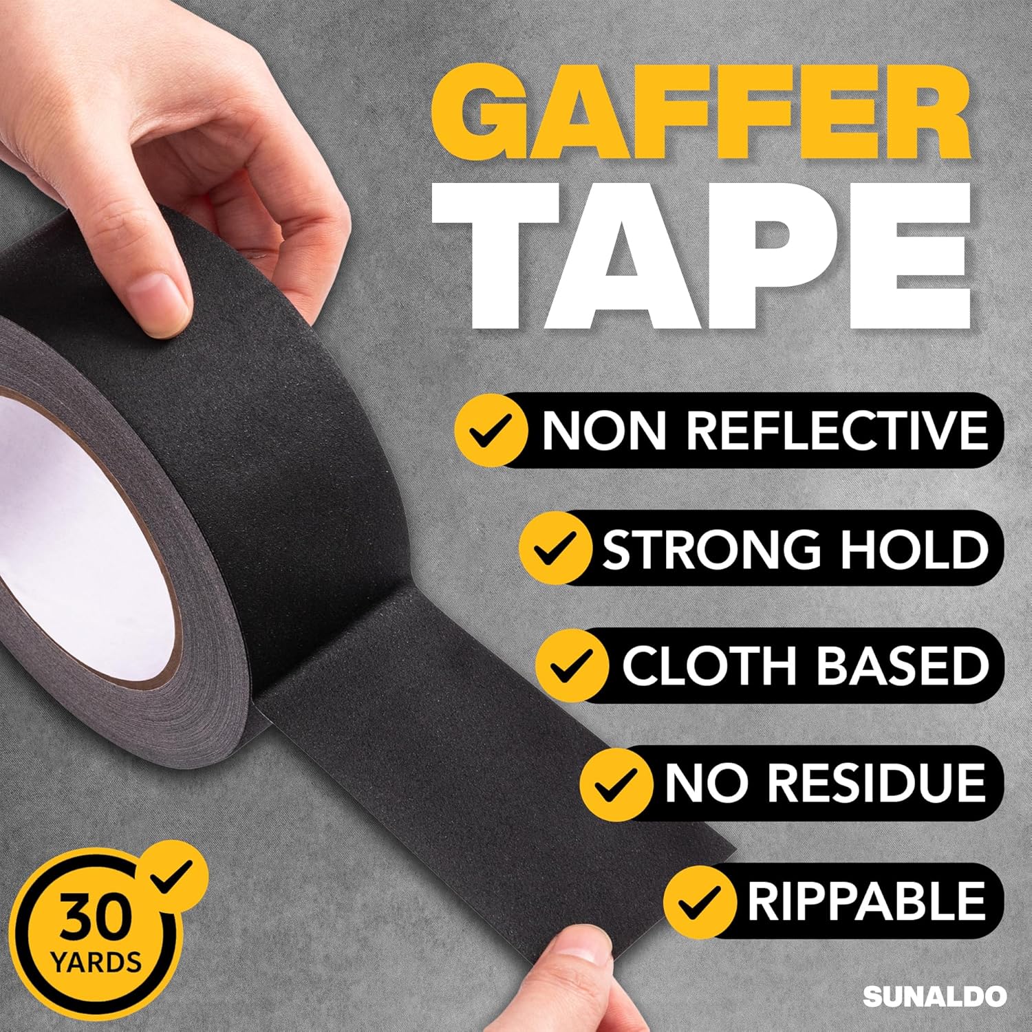 Gaffers Tape (6 Pack) Strong Hold, Easy to Rip, Residue-Free, Professional Grade Floor Tape for Electrical Cords, Matte Finish Non Reflective, Weather Resistant (Black, 2" x 30 Yards)