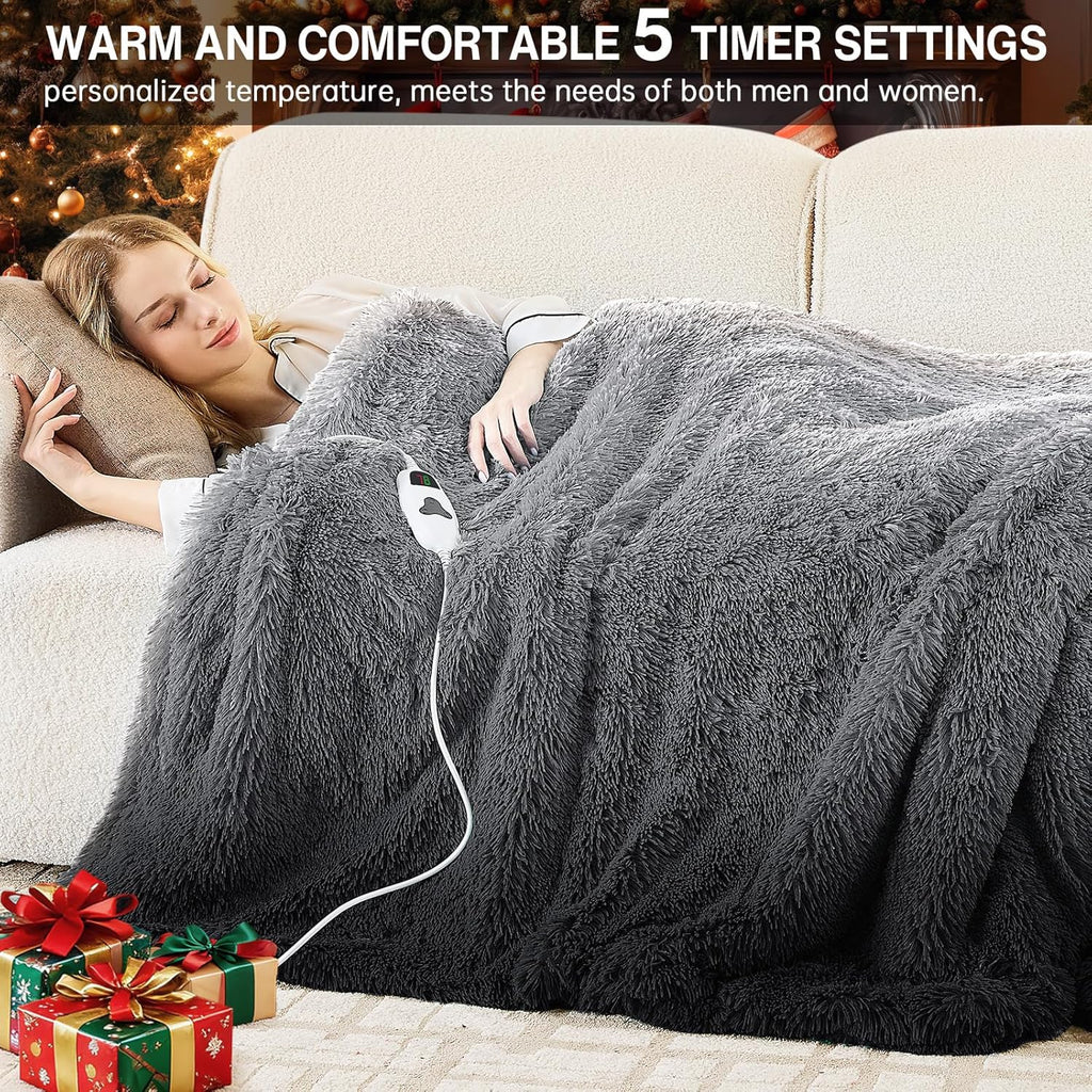 Heated Electric Blanket Throw–Faux Fur with Soft Thick Sherpa,Warm Winter Birthday Gifts for Women Grandma，10 Heat Settings,5 Time Settings with Fast Heating, 50x60, Foggy Dusk