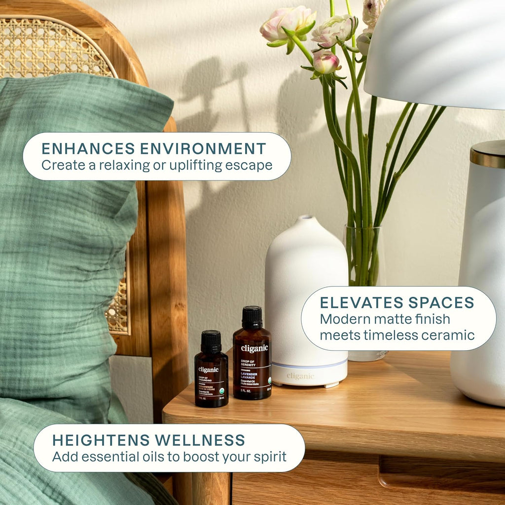 Cliganic Serenity Essential Oils Diffuser Set – Aromatherapy Humidifier with LED for Home, Office & Bedroom Includes Frankincense, Lavender, Grounded & Sleep Essential Oils Kit