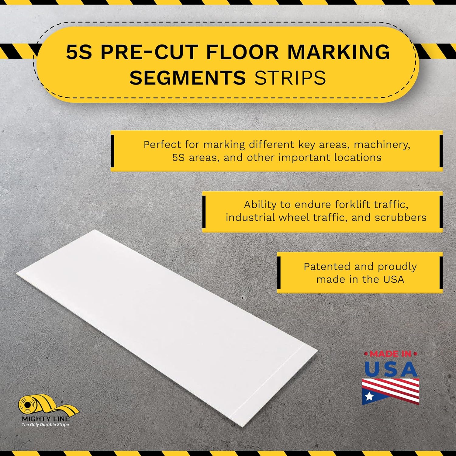 Mighty Line Floor Marking Tape Strips for Safety, Caution, Warning, Heavy-Duty, Peel and Stick, Adhesive, Industrial Quality, White, 6" by 10"