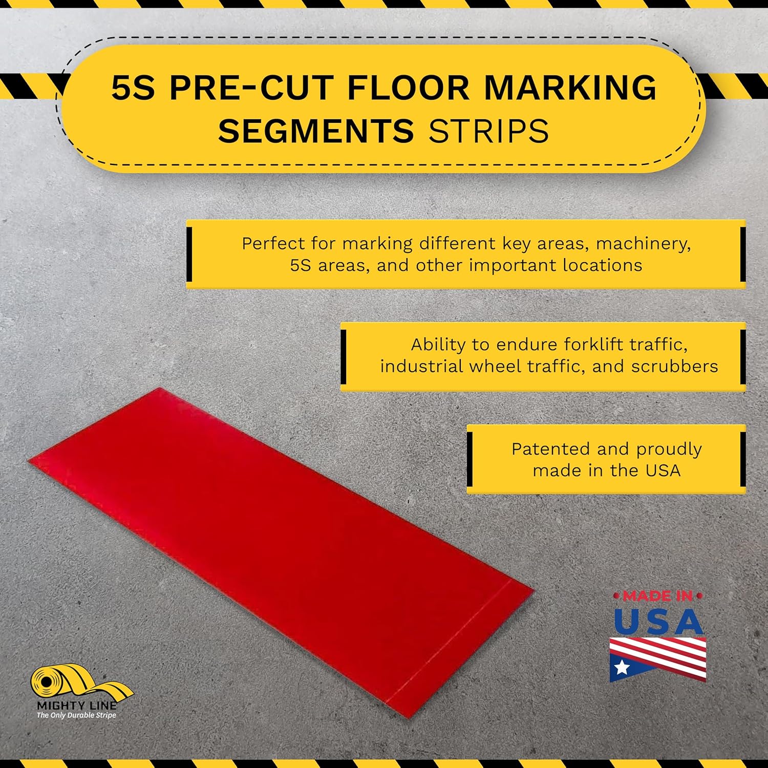 Mighty Line Floor Marking Tape Strips for Safety, Caution, Warning, Heavy-Duty, Peel and Stick, Adhesive, Industrial Quality, Red, 2" by 10"