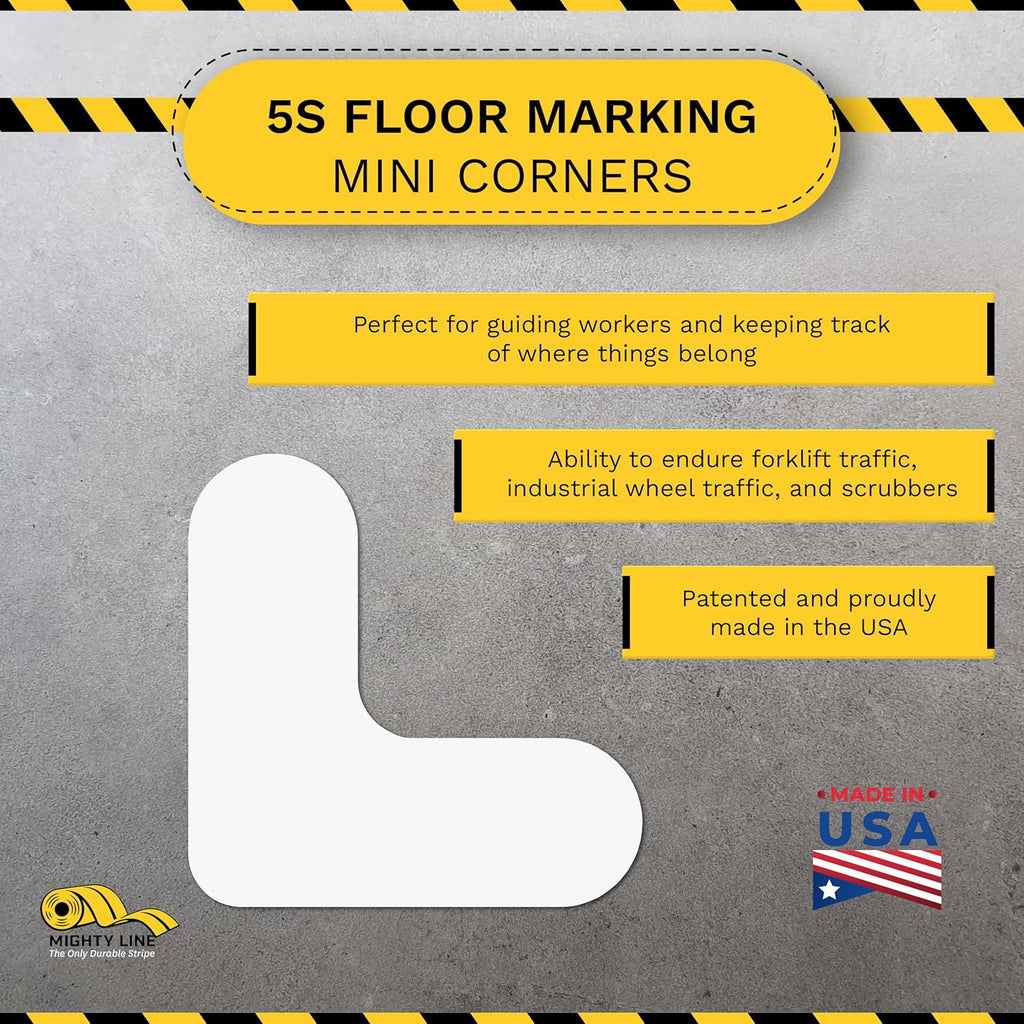 Mighty Line 3/4" Wide Solid Mini Corner Marker Floor Marking Tape, Heavy-Duty, Peel and Stick, Adhesive, Industrial Quality, White, Pack of 108
