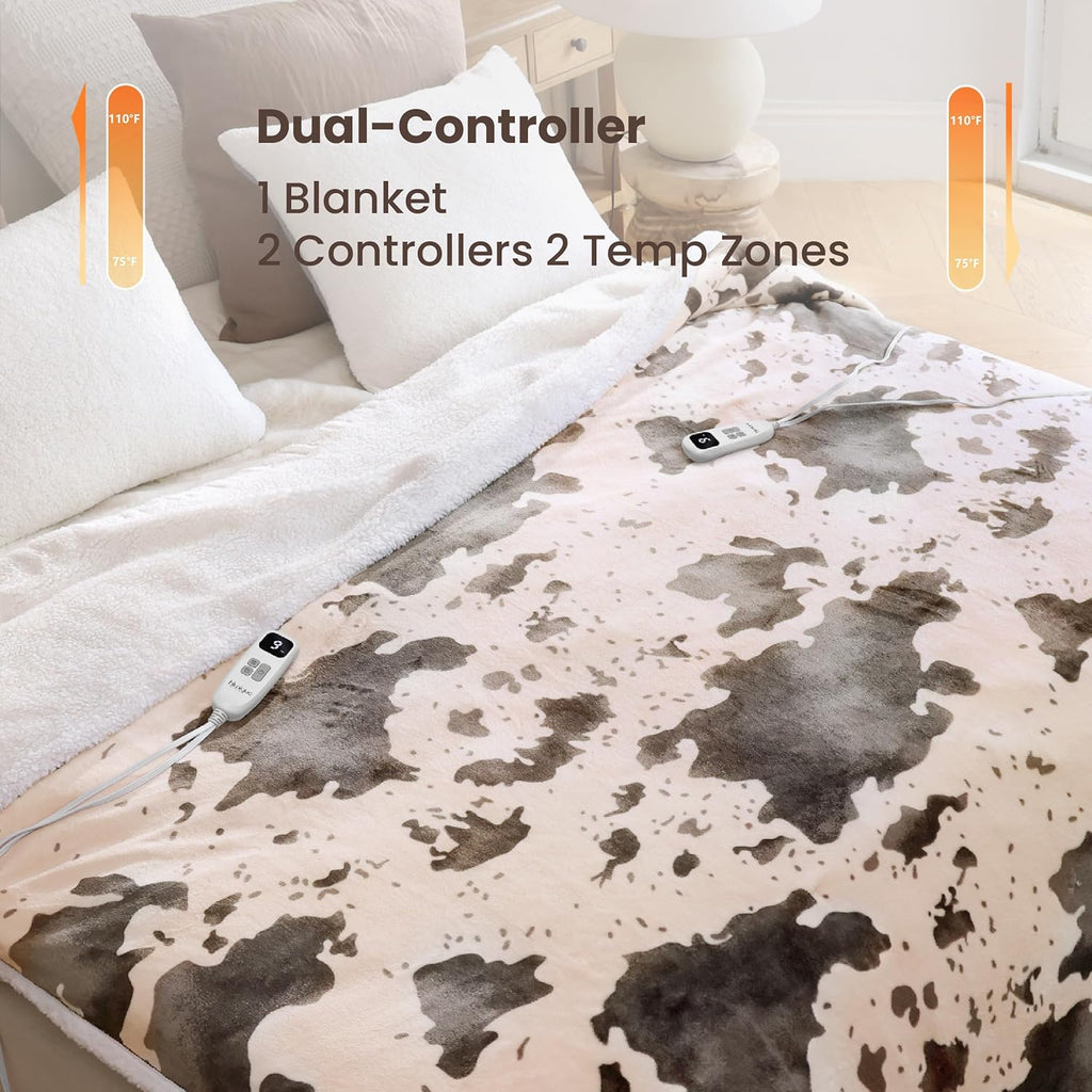 Cow Print Heated Electric Blanket King Size-Dual Control Heating Blanket King Size with 10 Heat Levels & 10 Hours Auto-Off, Cozy Soft Fleece Sherpa, Washable, 90x100 Inche Light Coral