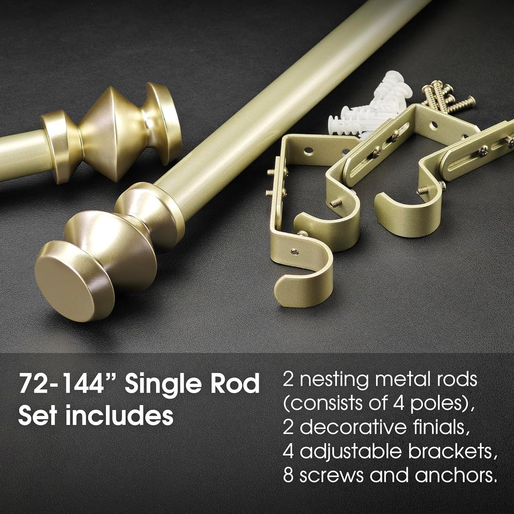 1-1/8 Inch Diameter Champagne Gold Curtain Rods with Modern Geometric Finials, 72-144'' Telescoping Single Curtain Rods for window width 68-140 inch, 1 pack
