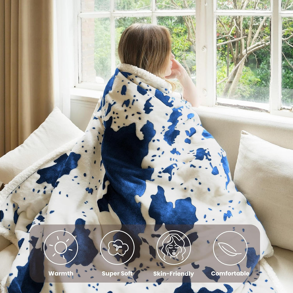 Cow Print Heated Throw Blanket Electric Blanket-Heating Blanket Throw with 10 Heat Levels & 10 Hours Auto-Off, Cozy Soft Fleece Sherpa, Washable, 50 x 60 Inches Cow Print Blue