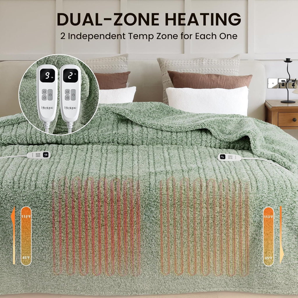 Heated Blanket Electric Blanket Queen - Fast Heating Blanket Throw Dual Control Double Sided Sherpa with 6 Heating Levels & 1-10 Hours Auto Off, Mashine Washable, 84 x 90 Inches, Sage