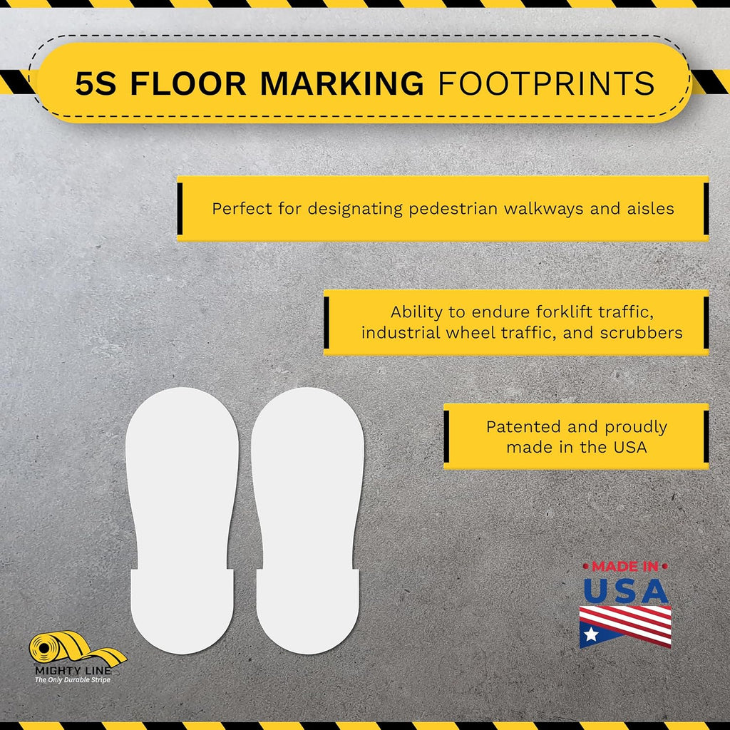 Mighty Line Big Footprints Floor Marking Tape for Safety, Caution, Warning, Heavy-Duty, Peel and Stick, Adhesive, Industrial Quality, 12" Long x 5" Wide, White, Pack of 50