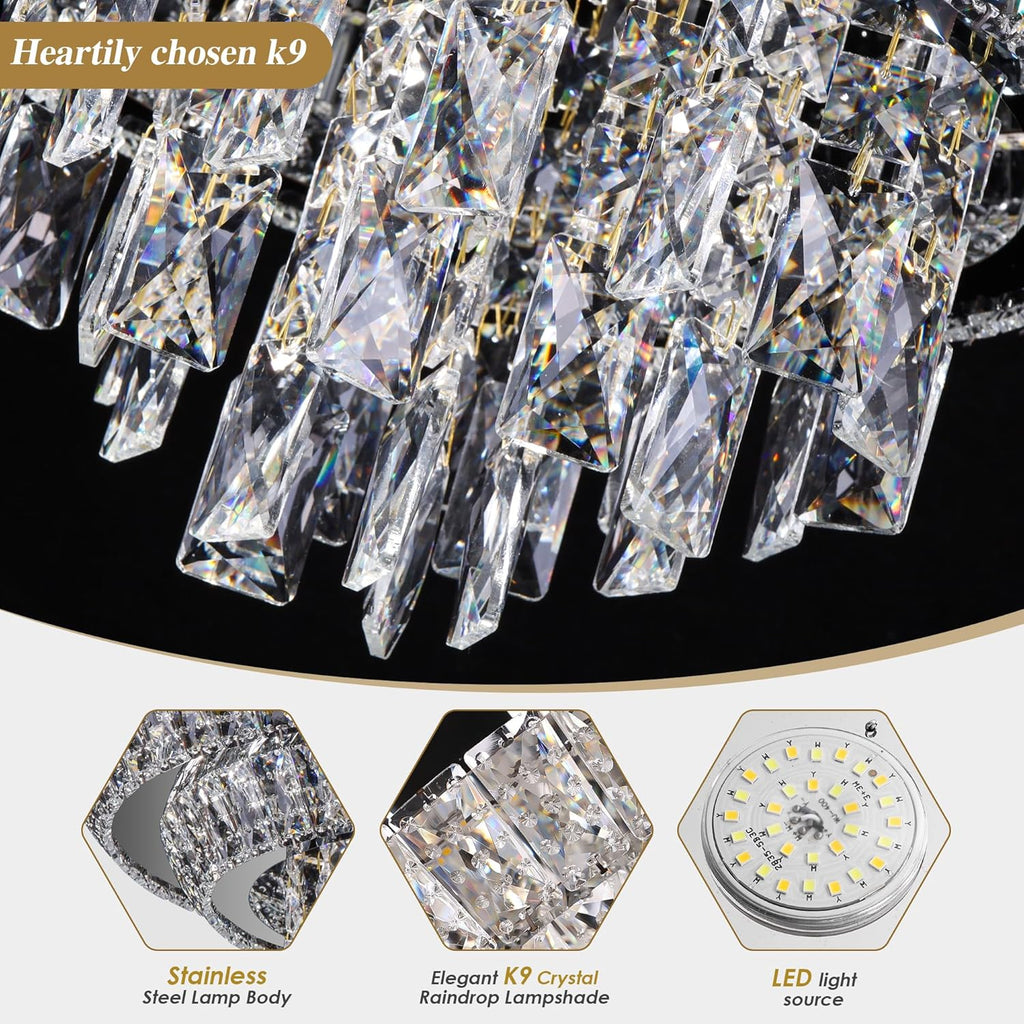 18 inch Crystal Black Ceiling-Light Flush Mount with Remote and APP Control, 3CCT Dimmable & Brightness Adjustable, Modern Crystal Raindrop Chandeliers for Bedroom Hallway Dinning Room Living Room