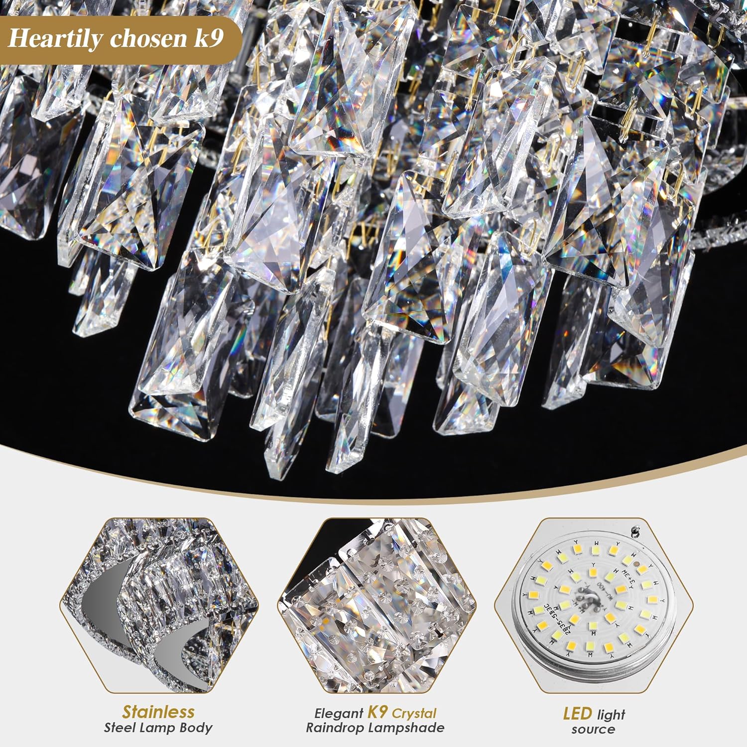 18 inch Crystal Black Ceiling-Light Flush Mount with Remote and APP Control, 3CCT Dimmable & Brightness Adjustable, Modern Crystal Raindrop Chandeliers for Bedroom Hallway Dinning Room Living Room