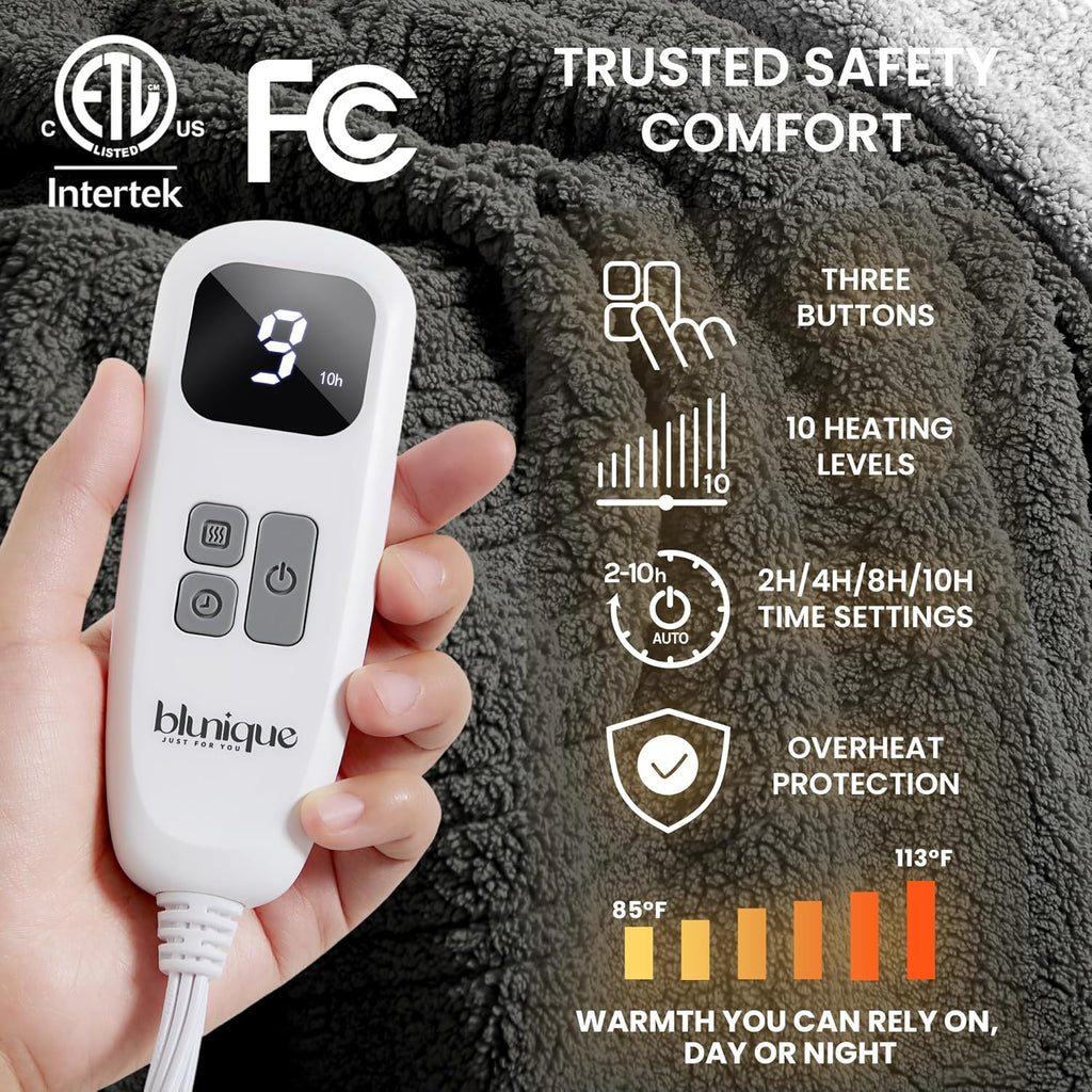 Heated Blanket Electric Blanket Full - Fast Heating Blanket Throw Double Sided Sherpa Ultra Soft Cozy with 10 Heating Levels & 2-10 Hours Auto Off, Mashine Washable, 72 x 84 Inches, Grey