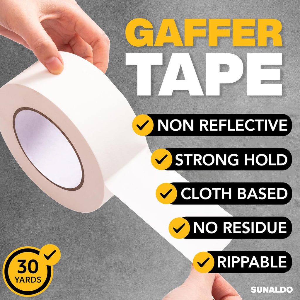 Gaffers Tape, Strong Hold, Easy to Rip, Residue-Free Professional Grade Floor Tape for Electrical Cords, Matte Finish Non Reflective, Weather Resistant (1 Pack, White, 2" x 30 Yards)