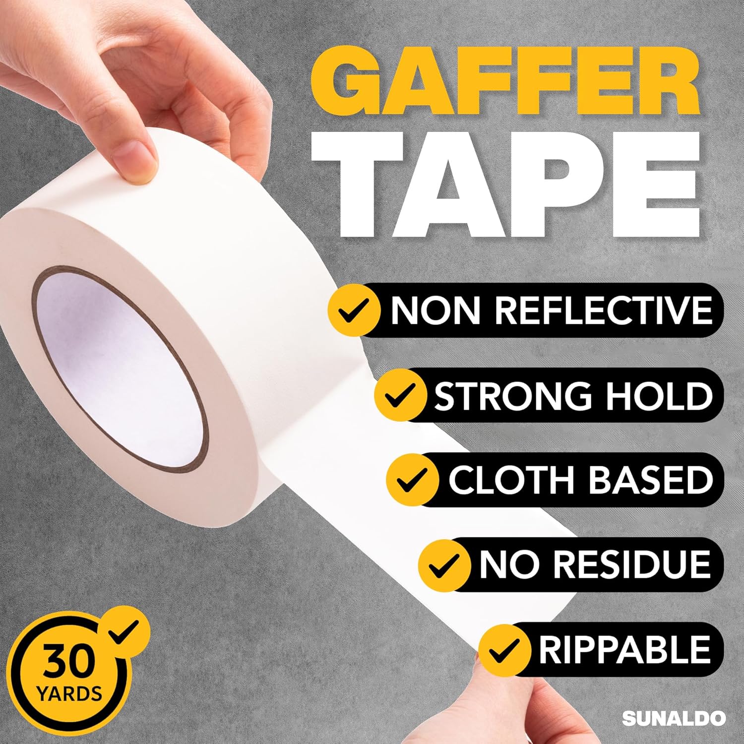 Gaffers Tape, Strong Hold, Easy to Rip, Residue-Free Professional Grade Floor Tape for Electrical Cords, Matte Finish Non Reflective, Weather Resistant (1 Pack, White, 2" x 30 Yards)