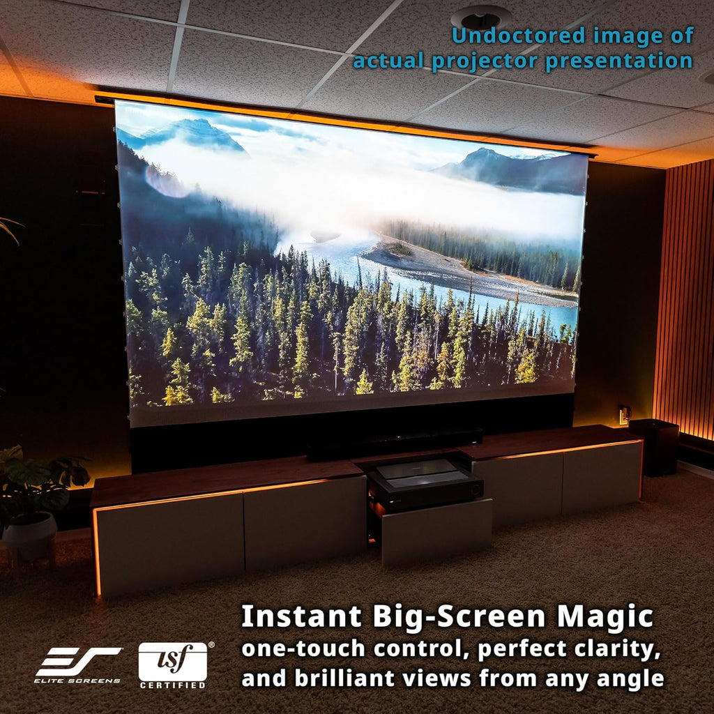 Elite Screens Kestrel Tab-Tension 3 CineWhite, 150 inch 16:9 Aspect Ratio, ISF Certified, Electric Floor-Rising Motorized Tab-Tensioned Front Projector Screen, Programmed Remote Kit, FTE150H3