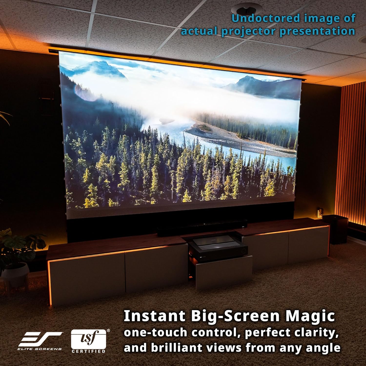 Elite Screens Kestrel Tab-Tension 3 CineWhite, 150 inch 16:9 Aspect Ratio, ISF Certified, Electric Floor-Rising Motorized Tab-Tensioned Front Projector Screen, Programmed Remote Kit, FTE150H3