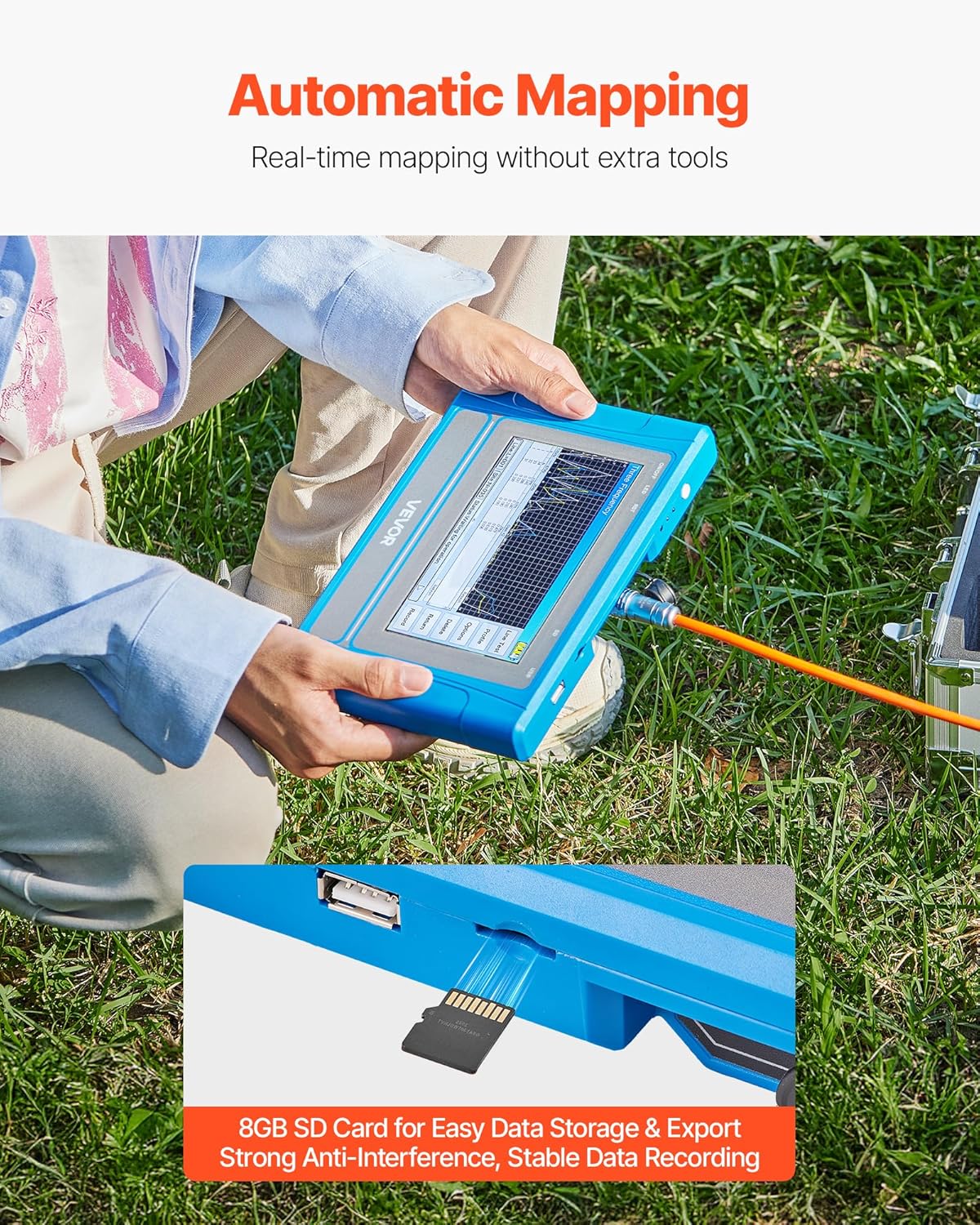 VEVOR Underground Water Detector, Up to 492ft (150m) Pro Underground Water Detection Locator, 7" Touchscreen Auto Mapping Well Detector Explorer with Multi-Frequency Measurement, 8GB Card, Carry Case