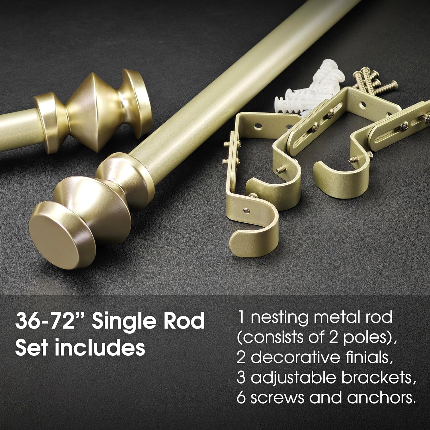 1-1/8 Inch Diameter Champagne Gold Curtain Rods with Modern Geometric Finials, 36-72'' Telescoping Single Curtain Rods for window width 24-68 inch, 1 pack