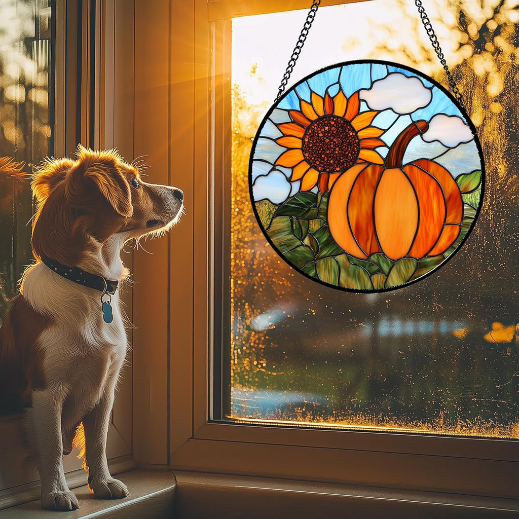 Stained Glass Window Hanging Fall Farm Scenery Sunflower Pumpkin Large 15" - Suncatcher Door Garden Kitchen Sunroom Sun Catcher Home Decor Birthday for Mom Grandma Men Woman