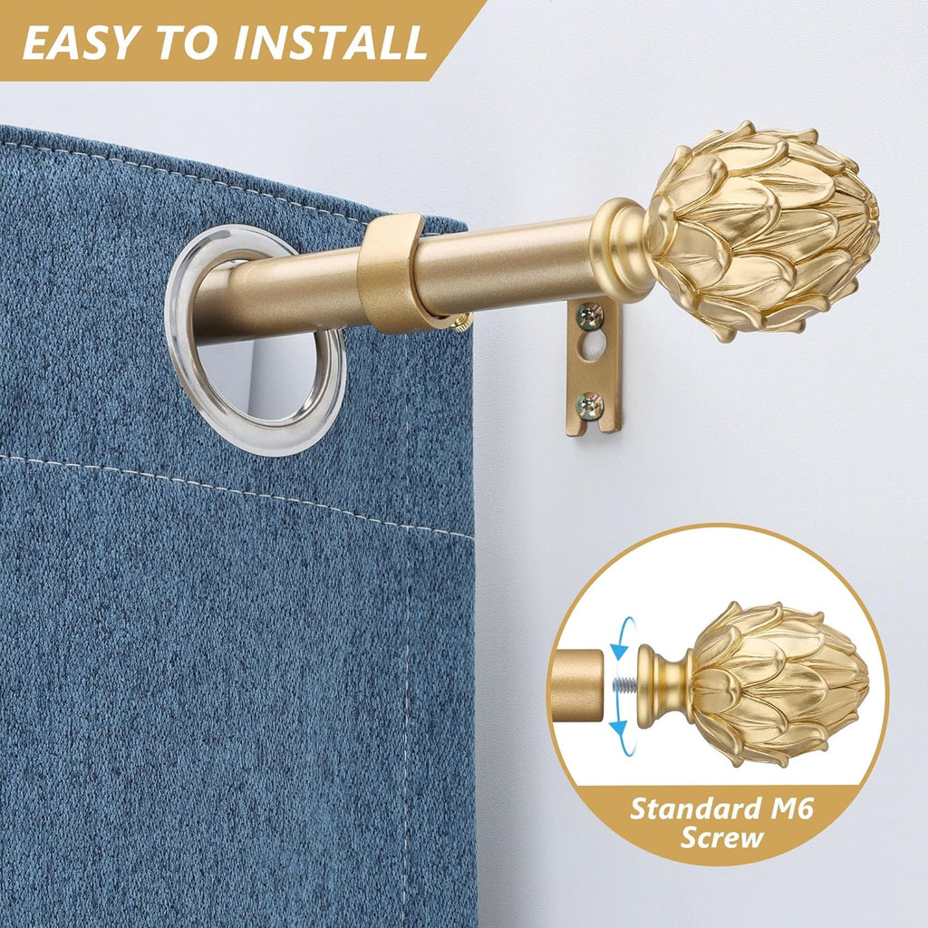 Curtain Rods for Windows 66 to 120 Inches 1 Inch Diameter Adjustable Drapery Rod Decorative Single Window Curtain Rods with Classic Finials, Gold