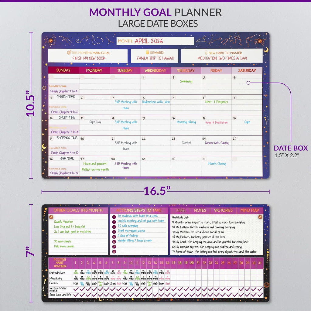 Magnetic Whiteboard for Fridge - Large Dry Erase Calendar for Wall | 2 Magnetic Dry Erase Board 10.5" x 16.5" & 7" x 16.5", Monthly Goal Setting & Habit Tracker, 5 Markers and 6 Adhesive Hooks