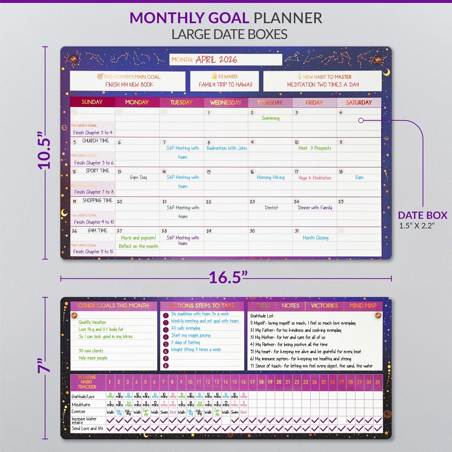 Magnetic Whiteboard for Fridge - Large Dry Erase Calendar for Wall | 2 Magnetic Dry Erase Board 10.5" x 16.5" & 7" x 16.5", Monthly Goal Setting & Habit Tracker, 5 Markers and 6 Adhesive Hooks