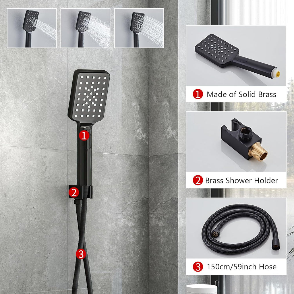 Shower Faucet Set Complete Matte Black Shower System with 12 inch Square Rainfall Shower Head 3-Function Handheld Shower Waterfall Bathtub Spout Rain Shower Combo Set Bathroom Wall Mounted