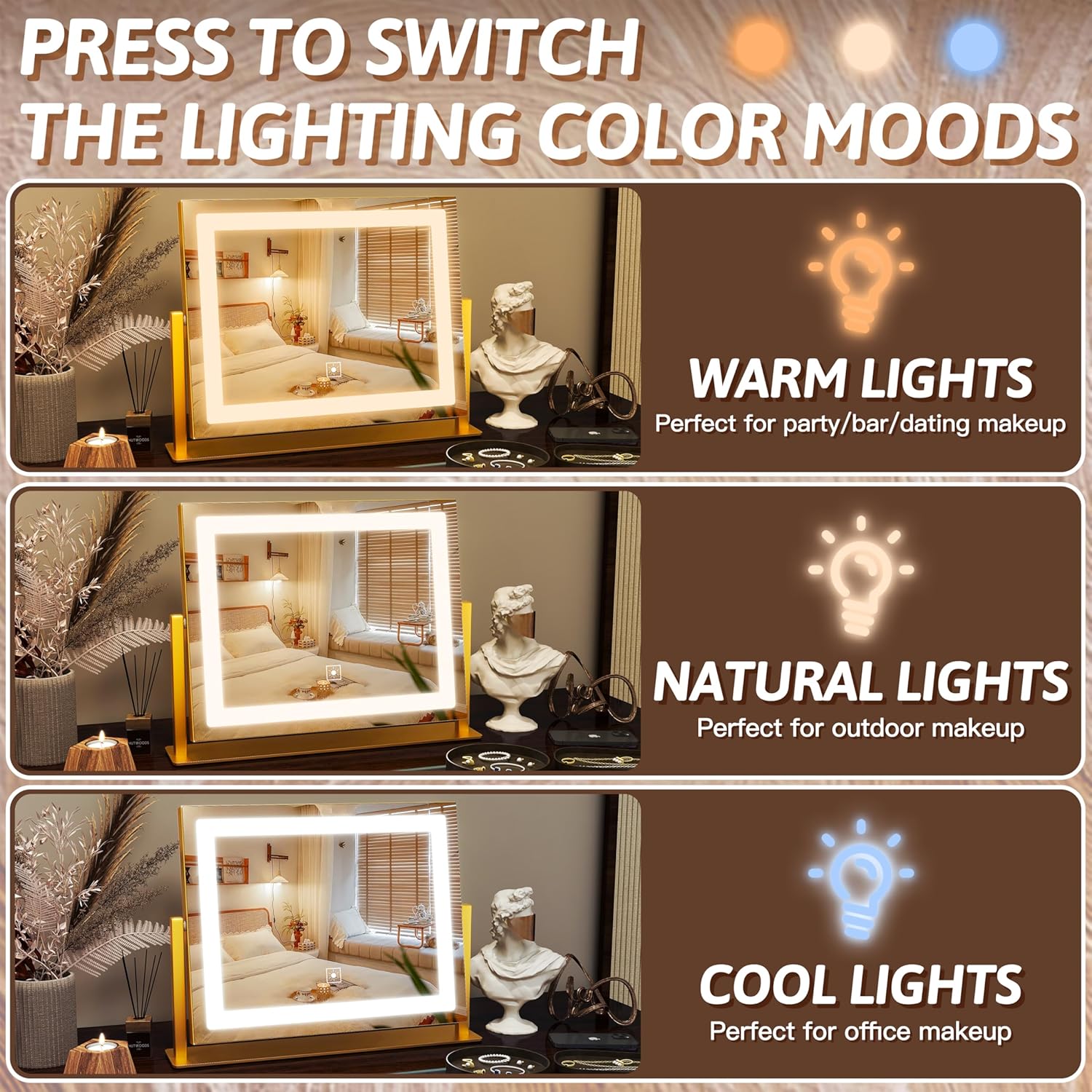 FENNIO Vanity Mirror with Lights, 12" x 16" Lighted Makeup Mirror with Smart Touch Control, 3 Color Modes & Brightness Adjustable, LED Makeup Mirror with 10X Magnification, Square Gold