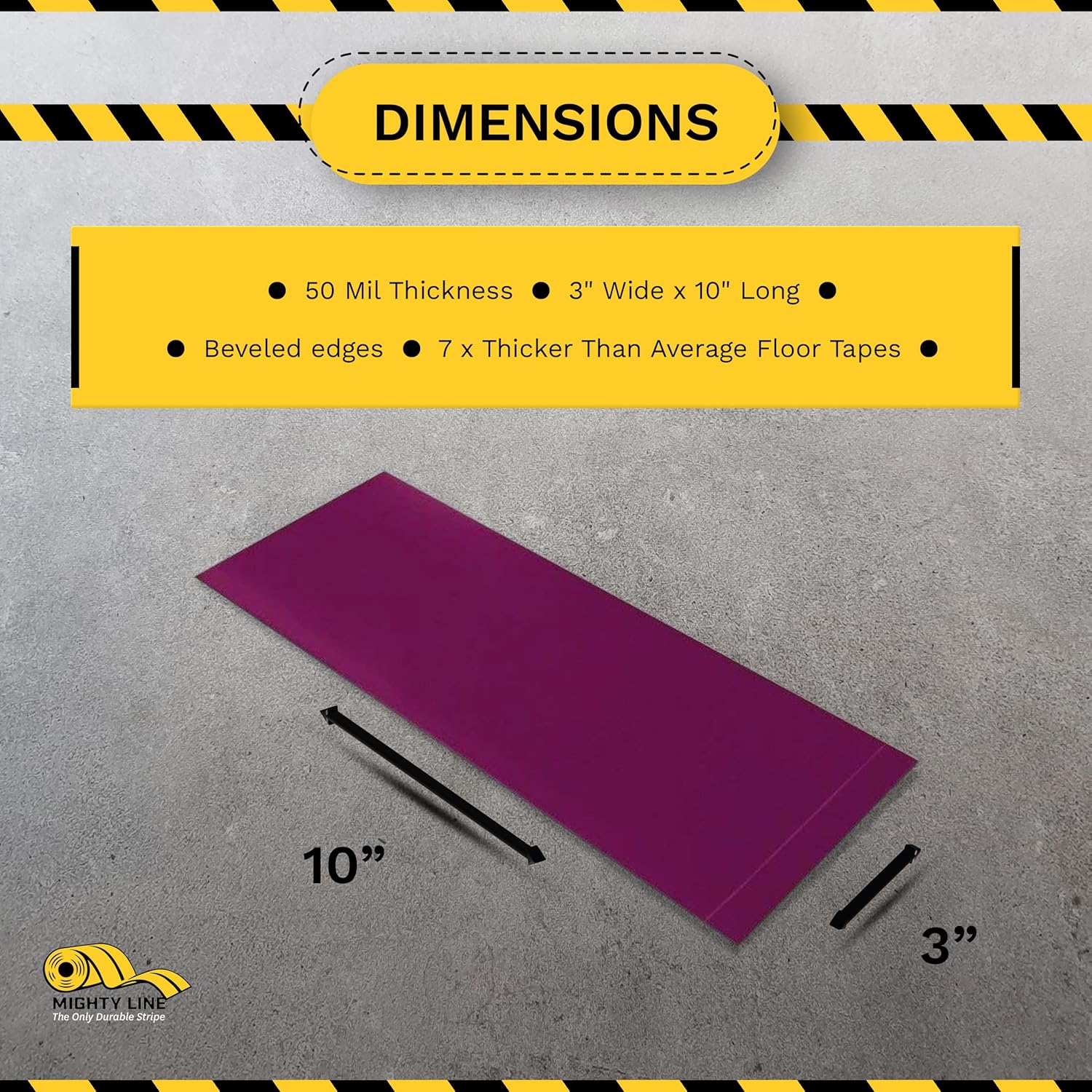 Mighty Line Floor Marking Tape Strips for Safety, Caution, Warning, Heavy-Duty, Peel and Stick, Adhesive, Industrial Quality, Purple, 3" by 10"