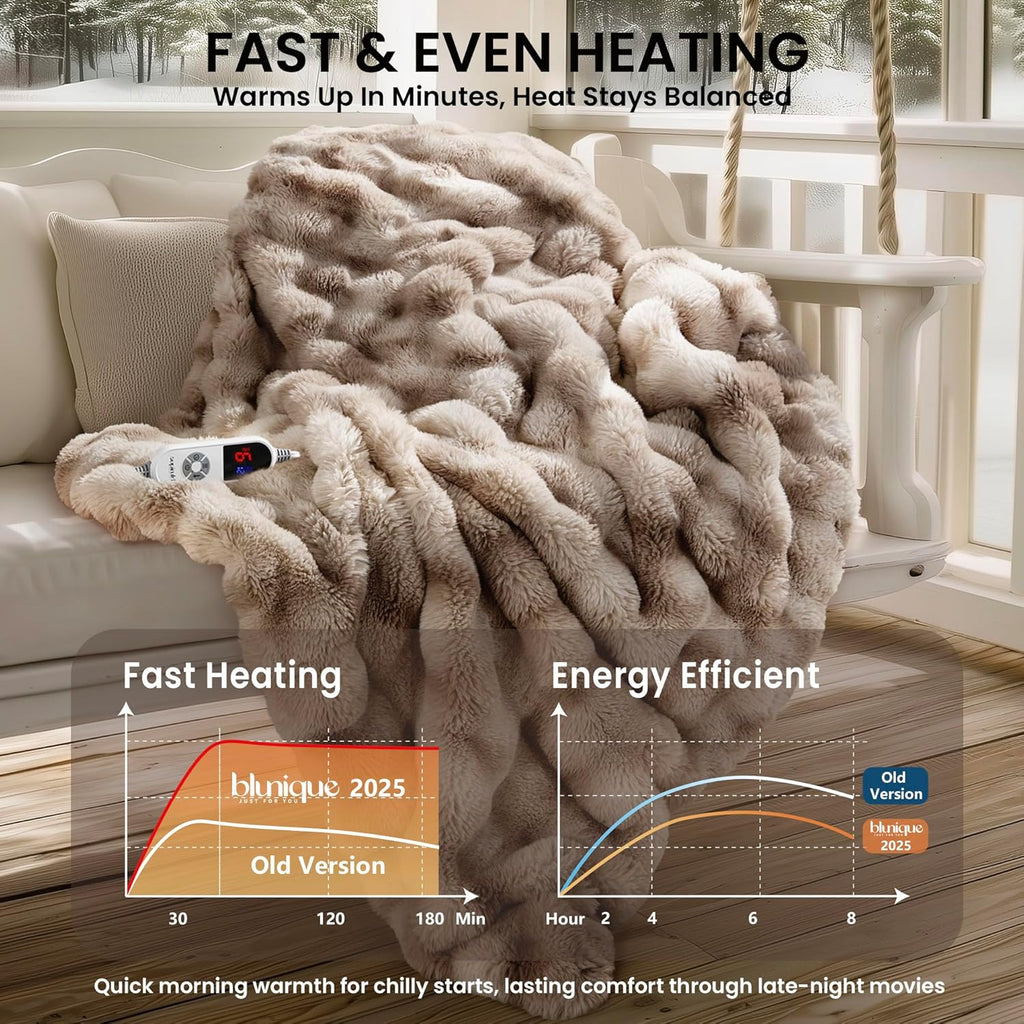 Electric Heated Blanket for Girls & Women, Soft & Luxurious, Faux Rabbit Fur Heating Throw Blankets, 6 Heat Settings, Overheat Protection, Quick Heating, Memory Function, Gift-Ready Design, 50"x60"