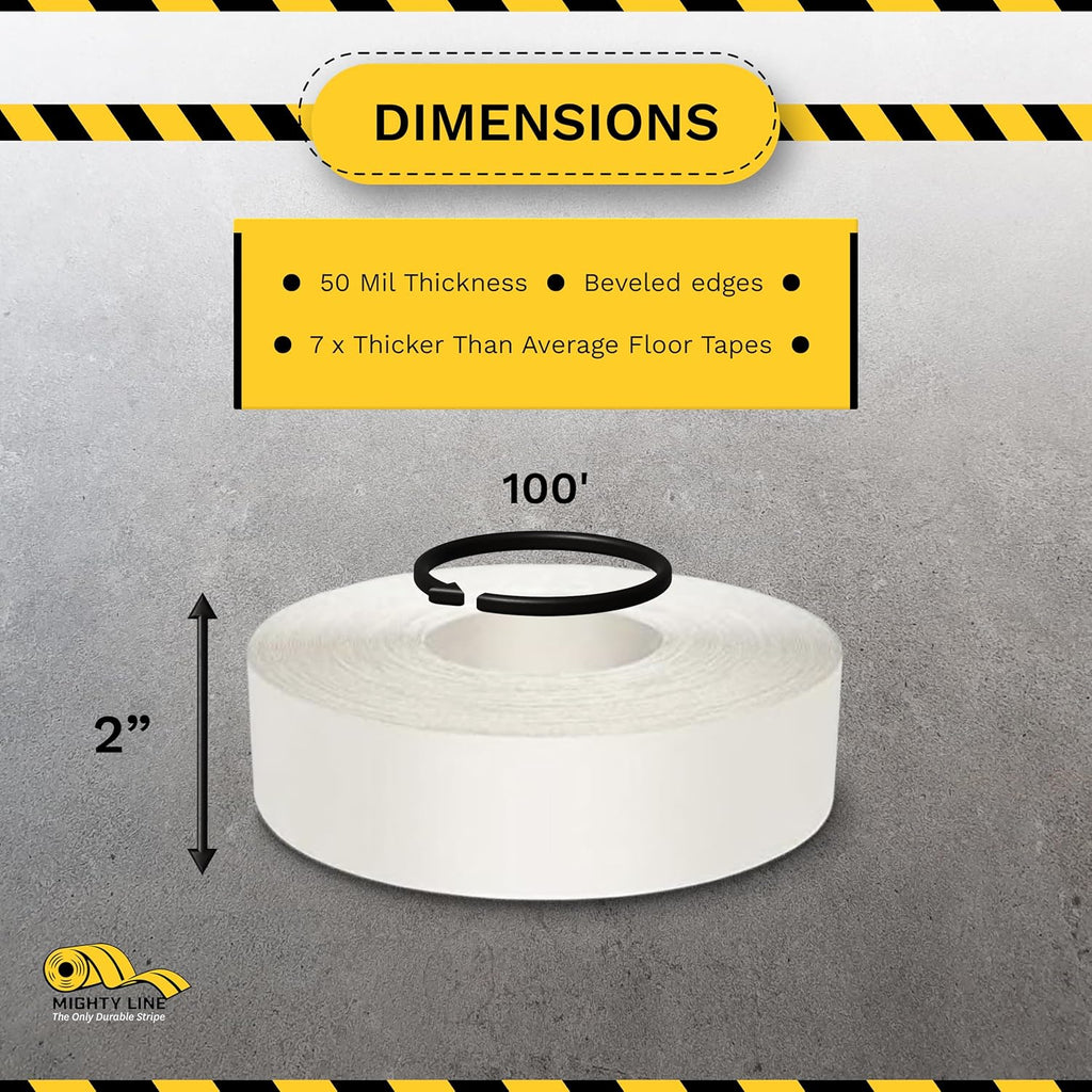 Mighty Line UltraLine Solid Floor Marking Tape for Safety, Caution, Warning, Heavy-Duty, Peel and Stick Adhesive, Beveled Edge Design, Industrial Quality, 2 Inch, 100' Roll, White