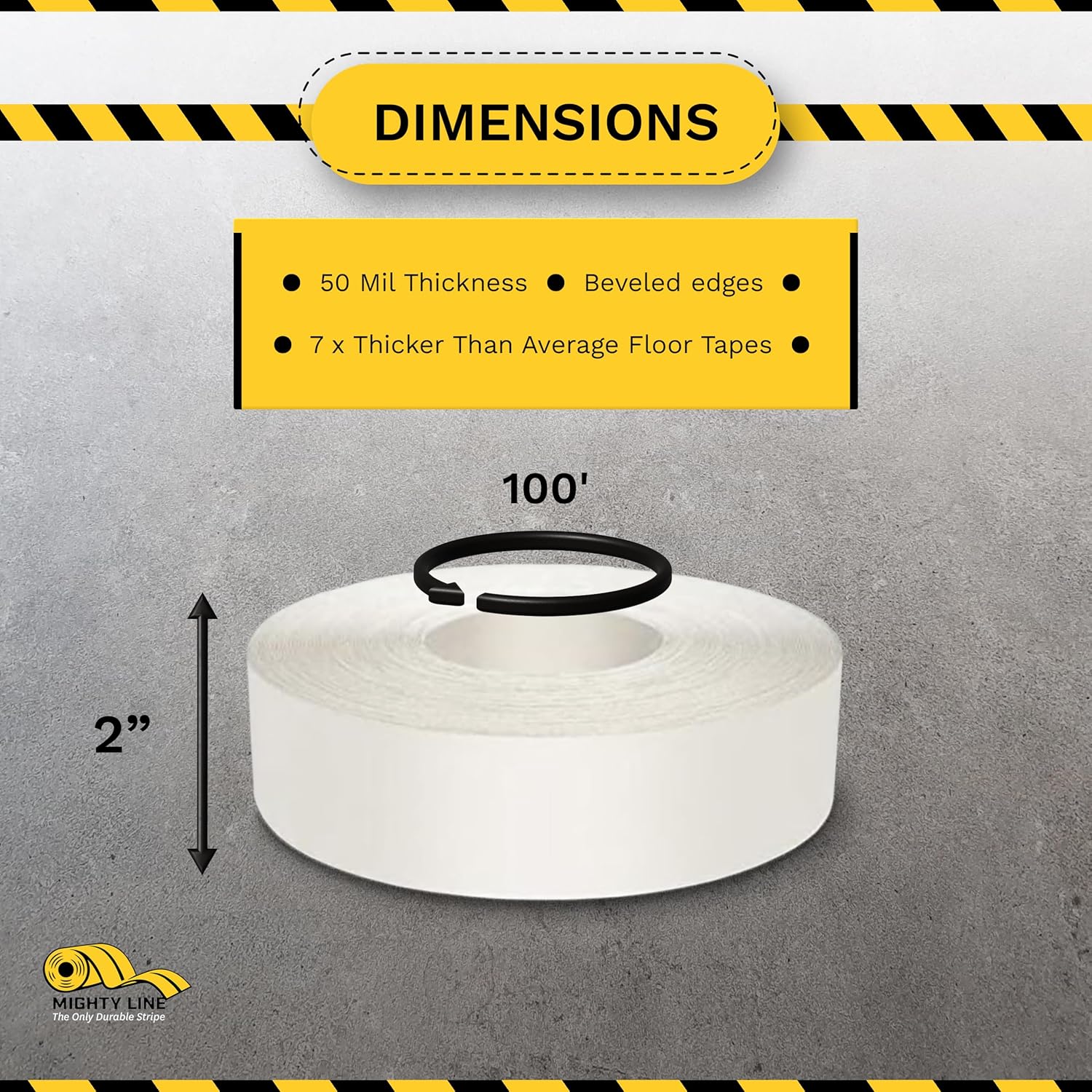 Mighty Line UltraLine Solid Floor Marking Tape for Safety, Caution, Warning, Heavy-Duty, Peel and Stick Adhesive, Beveled Edge Design, Industrial Quality, 2 Inch, 100' Roll, White
