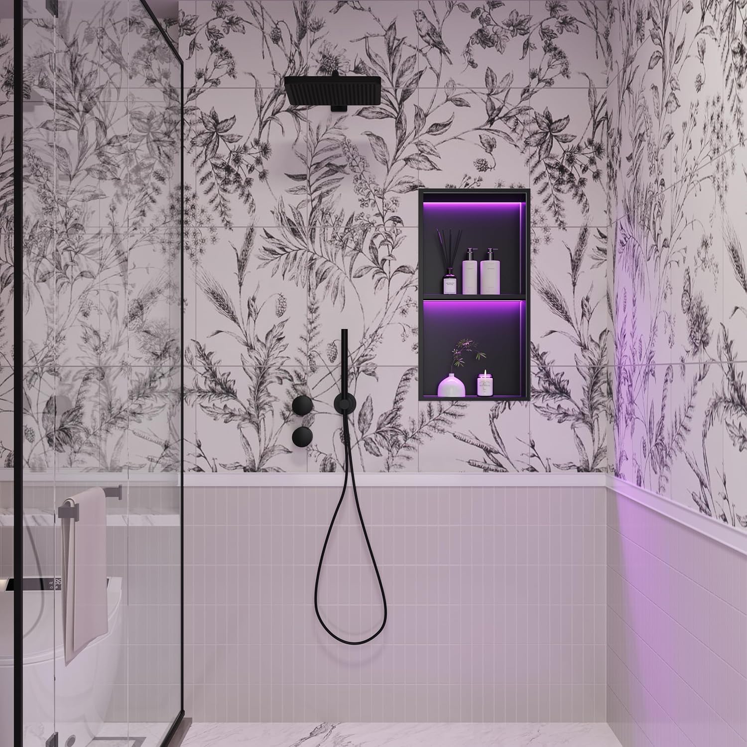Stainless Steel Shower Niche 12" X 24", No Tile Needed Wall Niche with RGB Led Light, Recessed Shower Shelf for Bathroom Storage Over Mount Installation, Matte Black