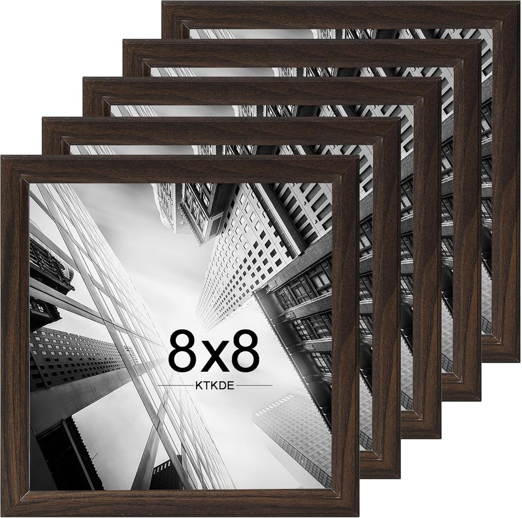 KTKDE 8x8 Picture Frame Set of 5, Wooden frames Walnut, Wall Hanging for Tapletop Display, Best Square Photo Frame Studio Gallery for Photos, Posters & Art Prints