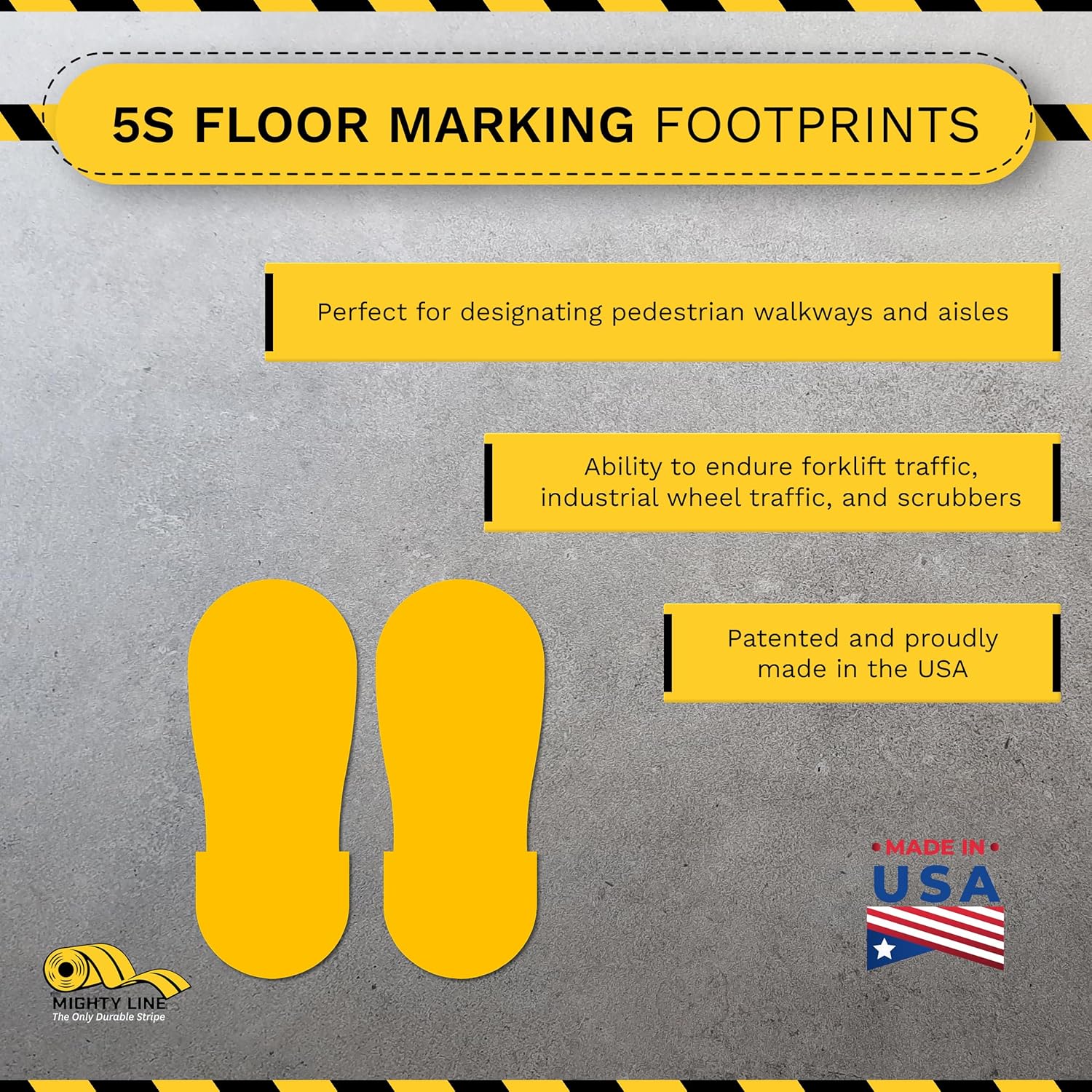 Mighty Line Big Footprints Floor Marking Tape for Safety, Caution, Warning, Heavy-Duty, Peel and Stick, Adhesive, Industrial Quality, 12" Long x 5" Wide, Yellow, Pack of 50