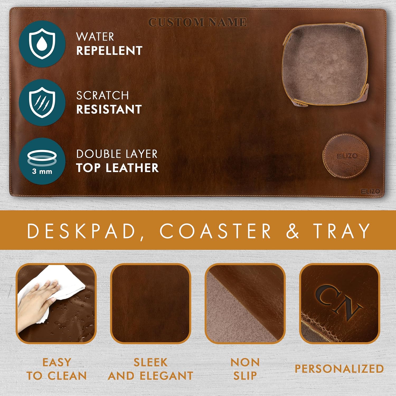 ELIZO Personalized Custom Desk Pad Set Real Leather Desk Mat Mouse Pad Unique Gifts for Him Her Leather Gifts for Men Women Engraved Embossed Monogrammed Corporate Gifts