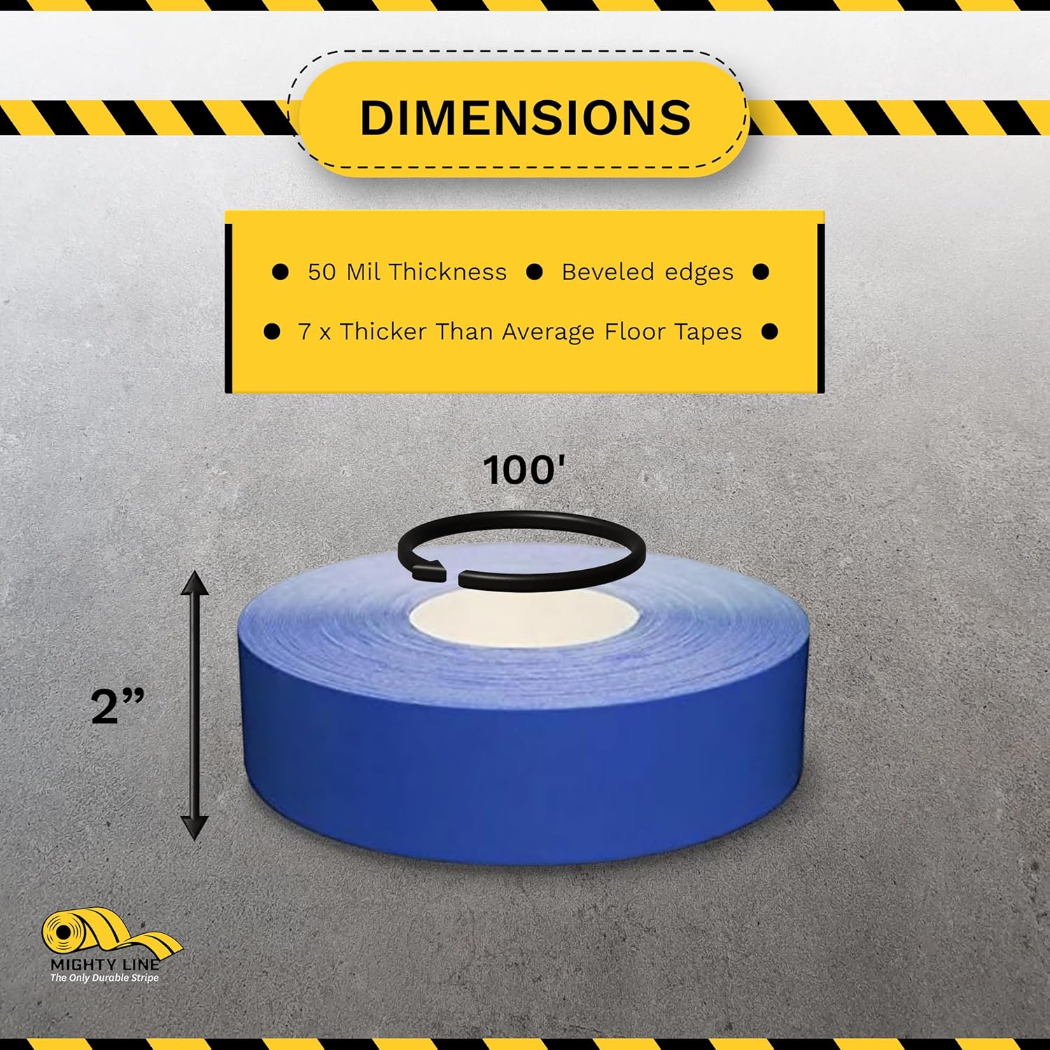 Mighty Line UltraLine Solid Floor Marking Tape for Safety, Caution, Warning, Heavy-Duty, Peel and Stick Adhesive, Beveled Edge Design, Industrial Quality, 2 Inch, 100' Roll, Blue