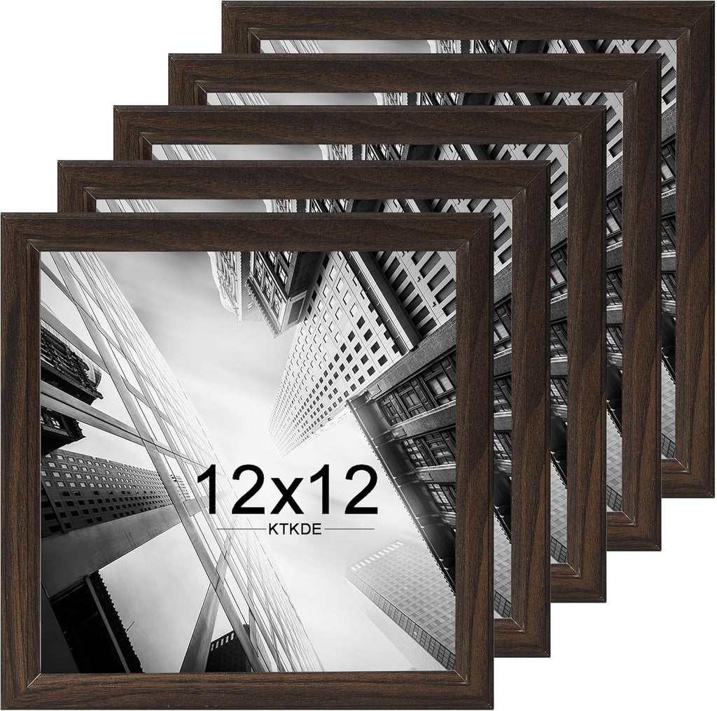 KTKDE 12x12 Picture Frame Set of 5, Wooden frames walnut, Wall Hanging Display, Best Square Photo Frame Studio Gallery for Photos, Posters & Art Prints