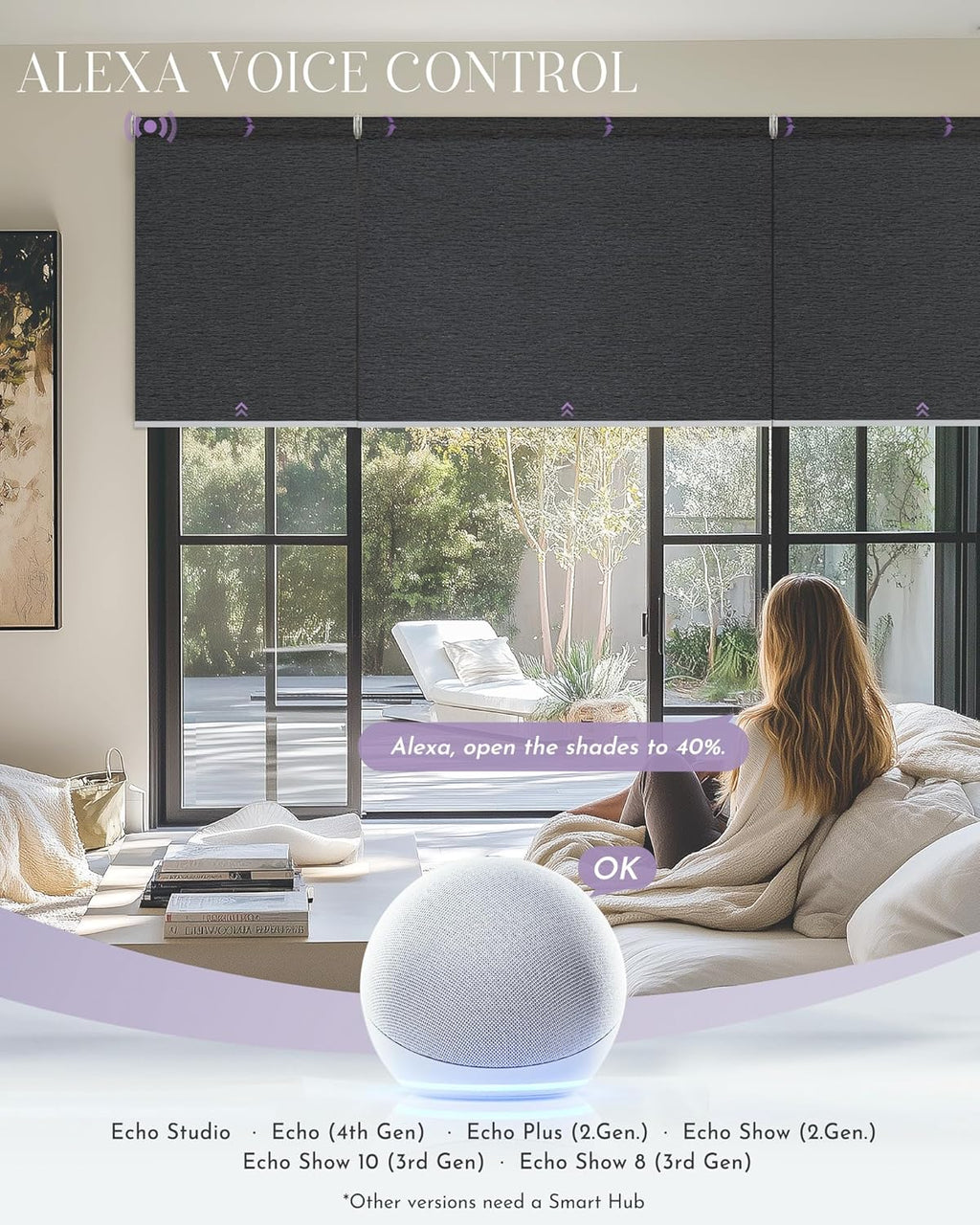 Graywind Smart Coupled Roller Shades Compatible with Alexa Google Custom Size Extra Large Motorized Blinds for Windows(Frequency Nero)